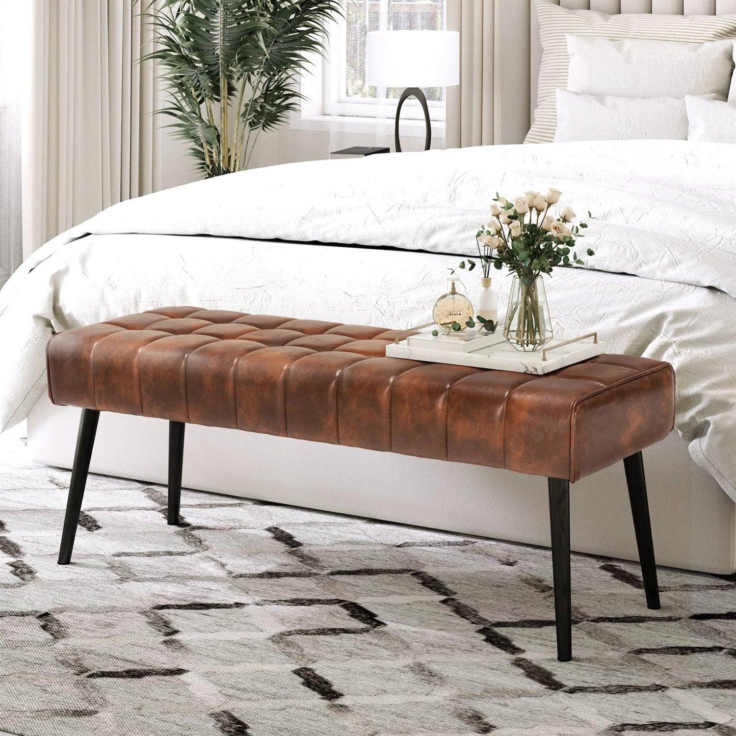 Mid-Century Modern Bedroom Bench with Brown PU Leather Seat and Tapered Legs - PRHOMZ
