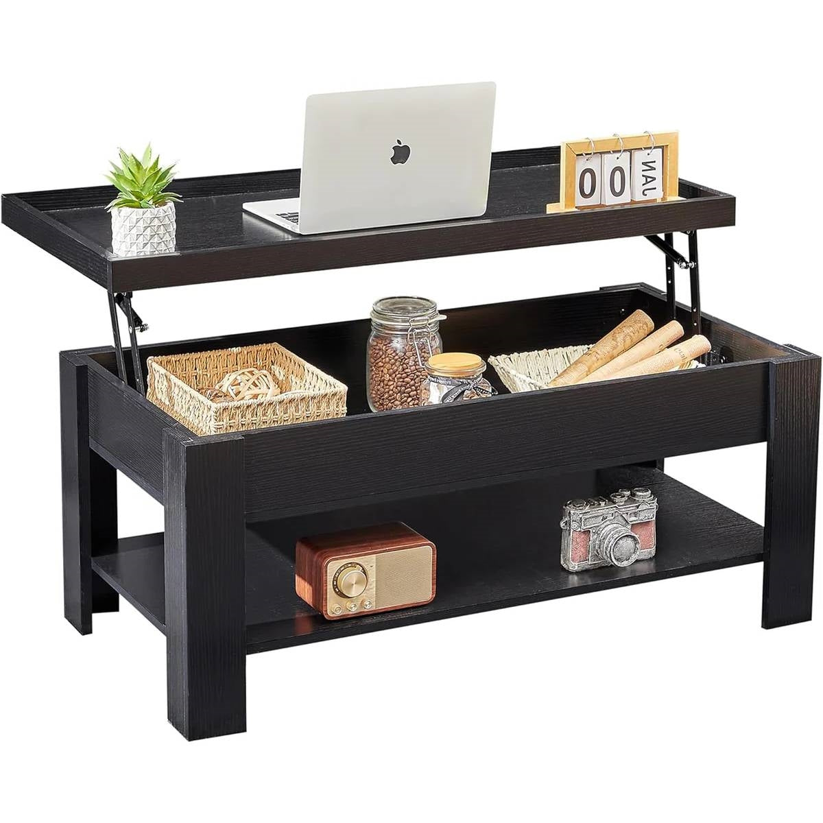 Modern Lift Top Coffee Table Laptop Tray with Storage Shelf in Black Wood Finish-0