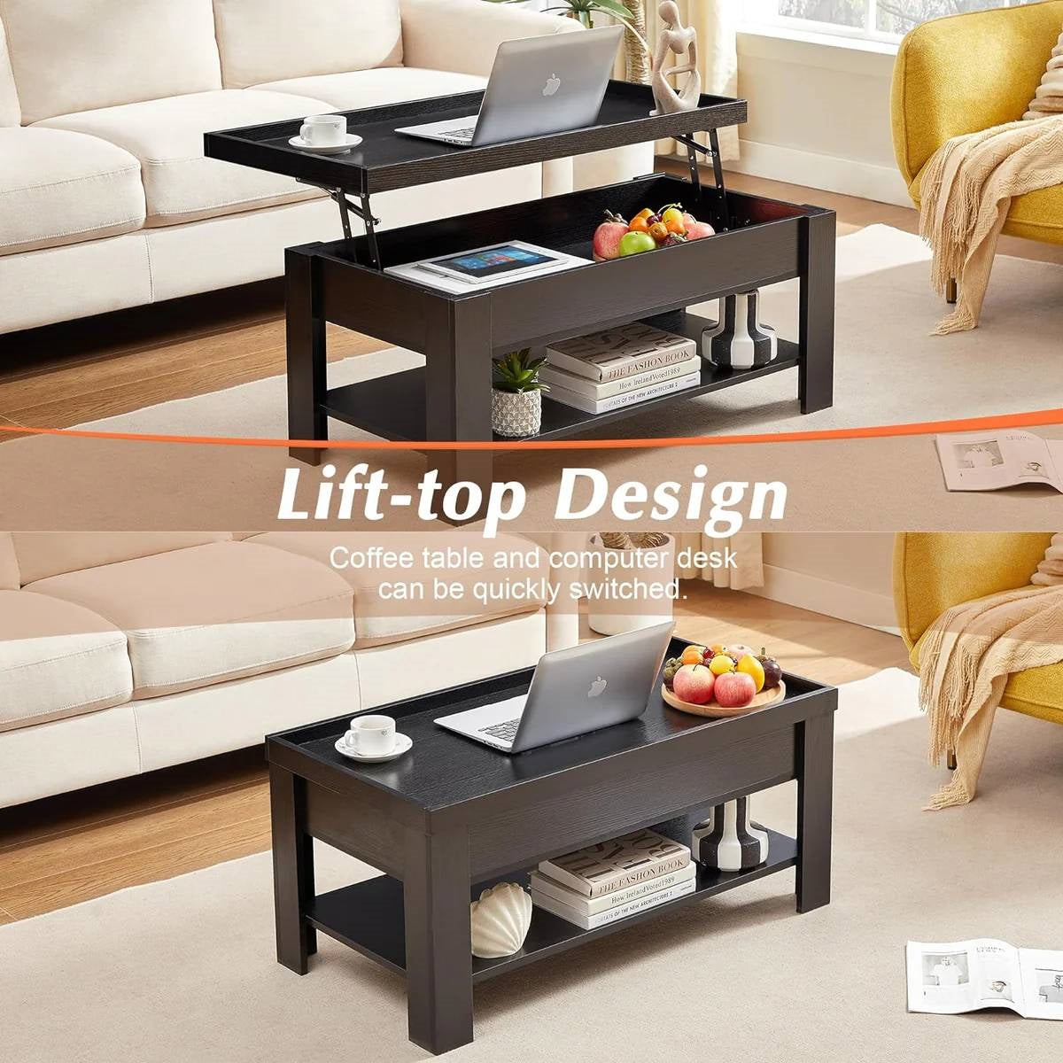 Modern Lift Top Coffee Table Laptop Tray with Storage Shelf in Black Wood Finish-3