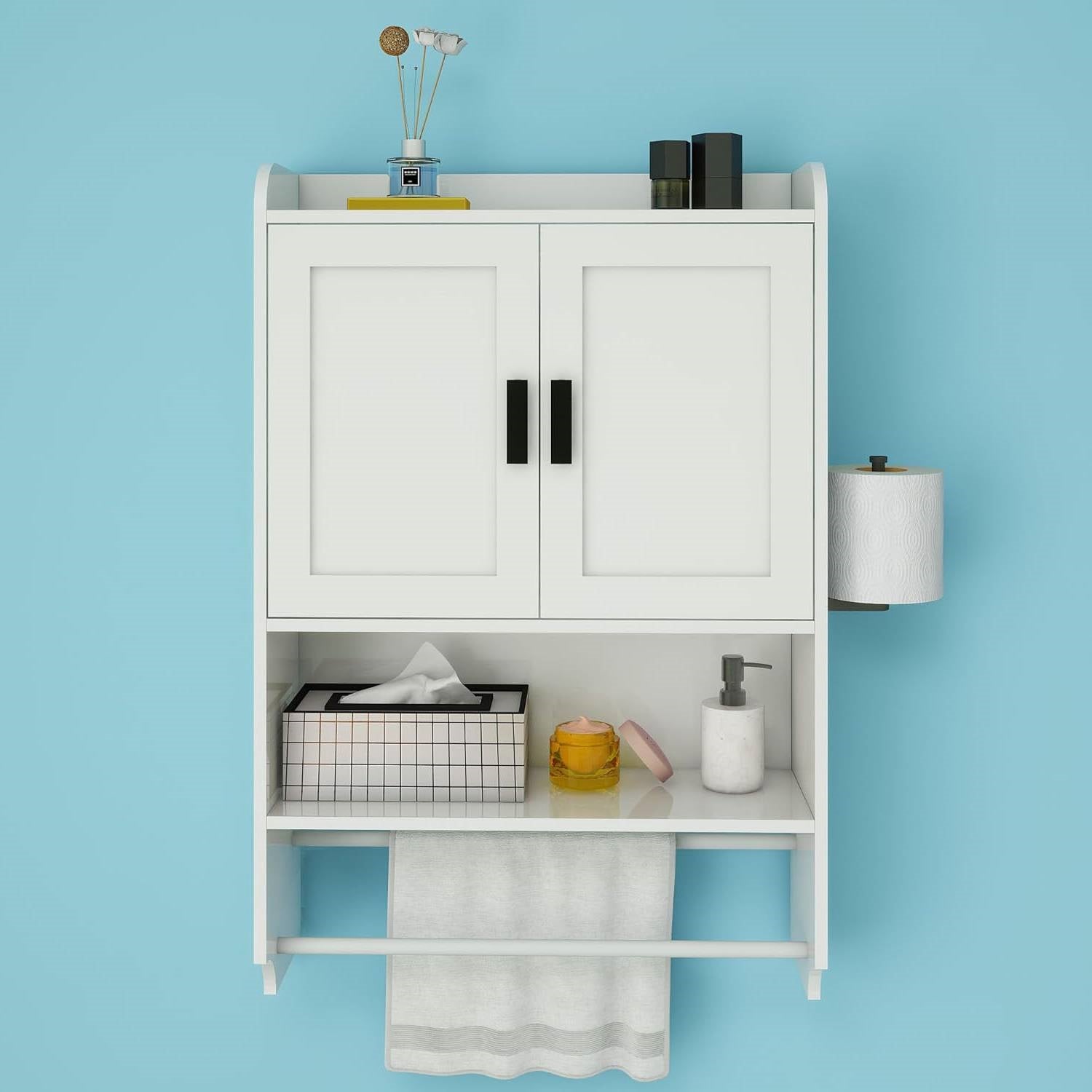 White Bathroom Wall Cabinet with Towel Bar and Storage Shelf-0