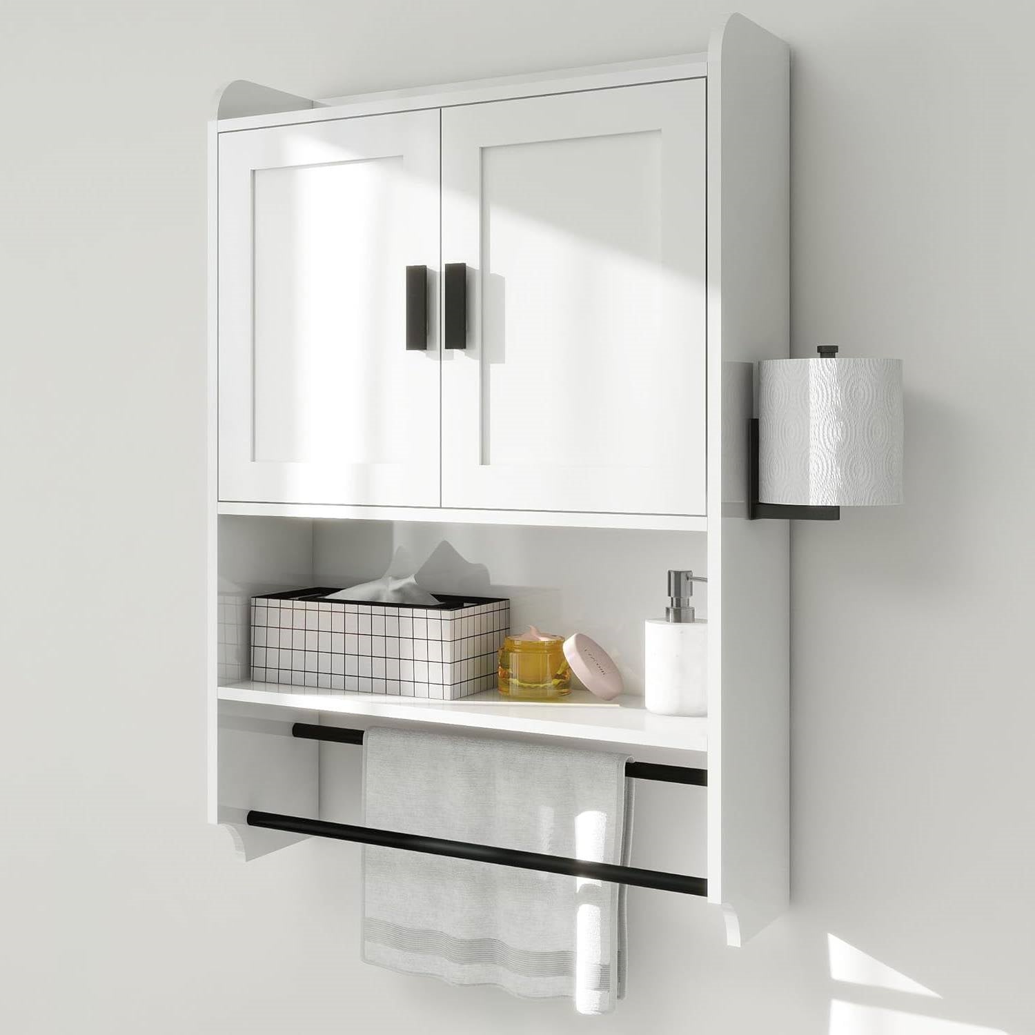 White Bathroom Wall Cabinet with Towel Bar and Storage Shelf-3