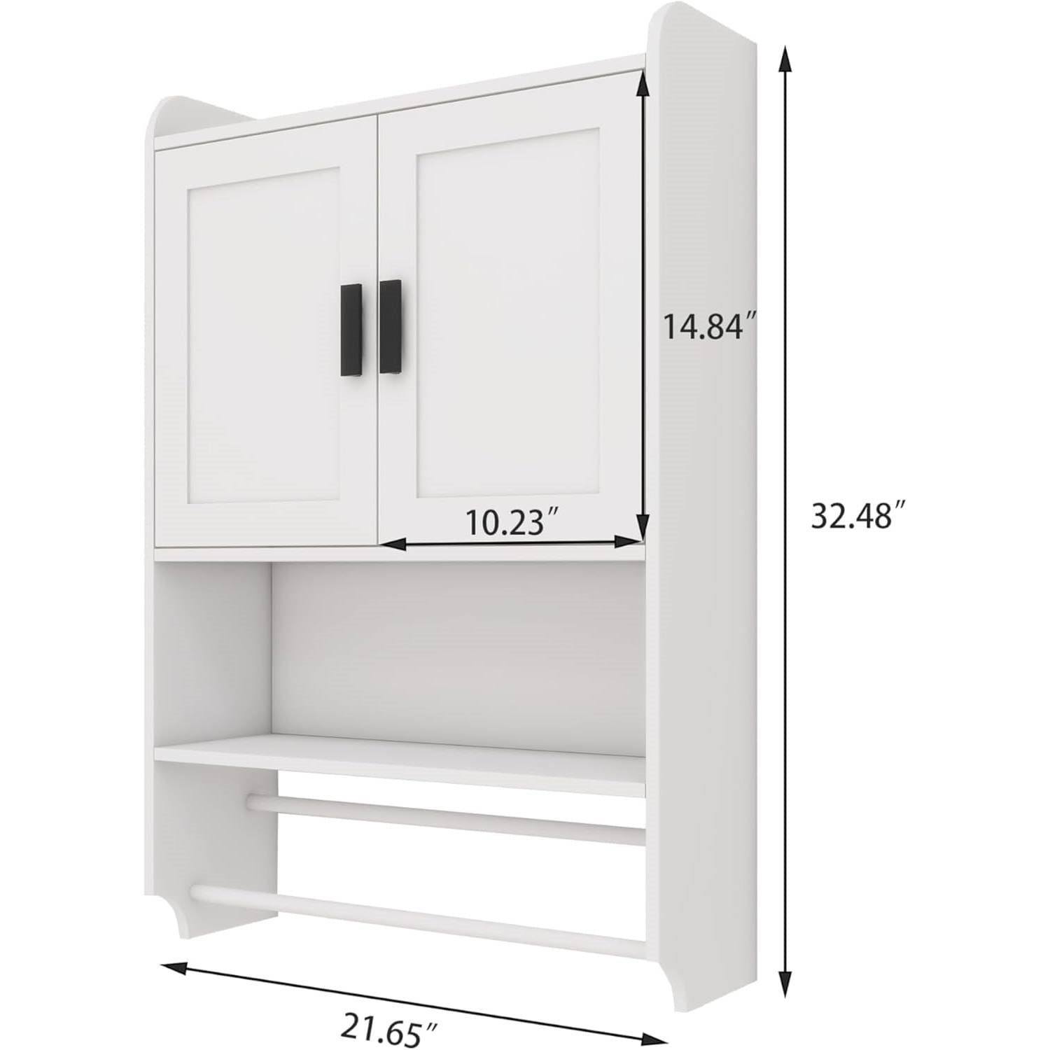 White Bathroom Wall Cabinet with Towel Bar and Storage Shelf-4