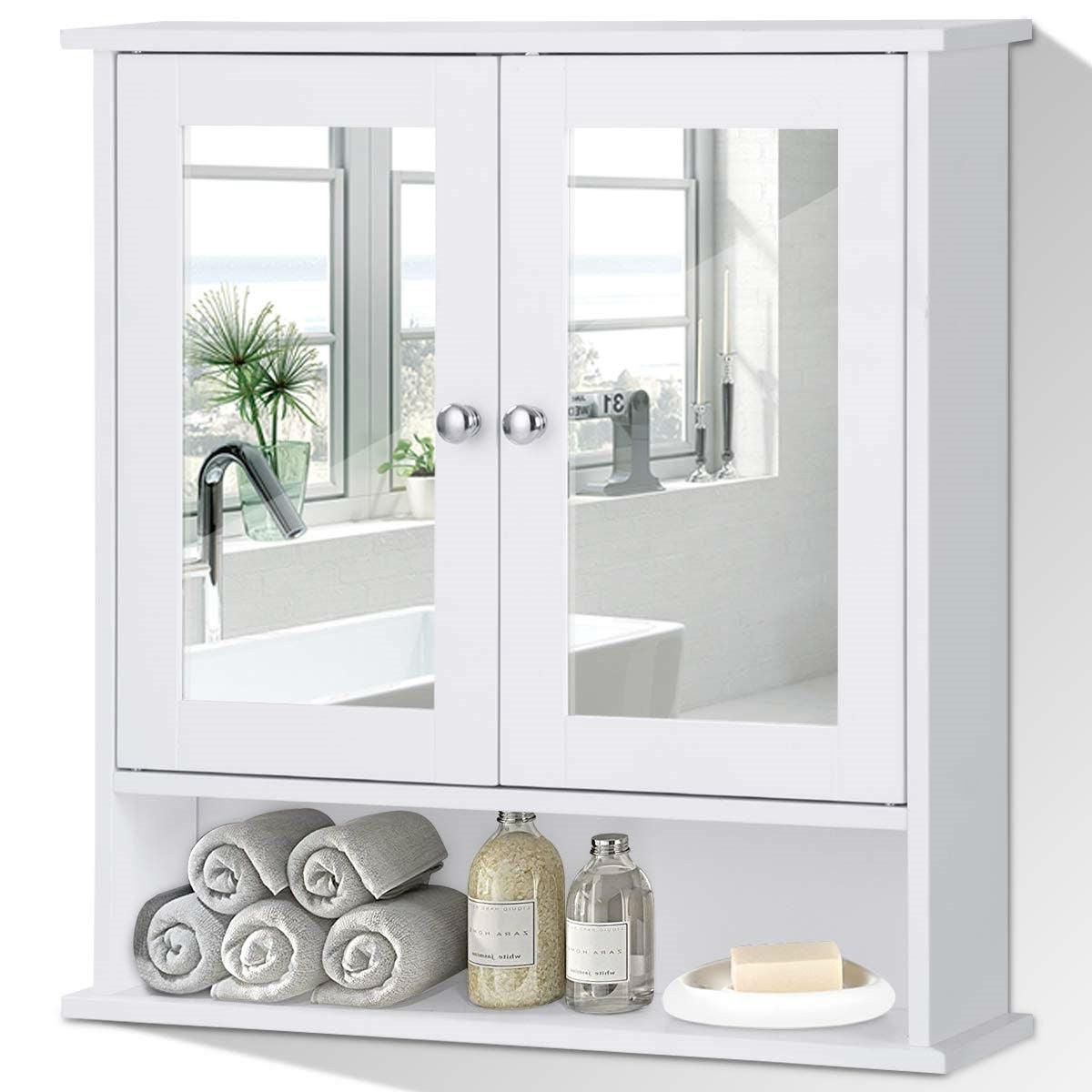 White Bathroom Wall Medicine Cabinet with Mirror and Open Shelf - PRHOMZ
