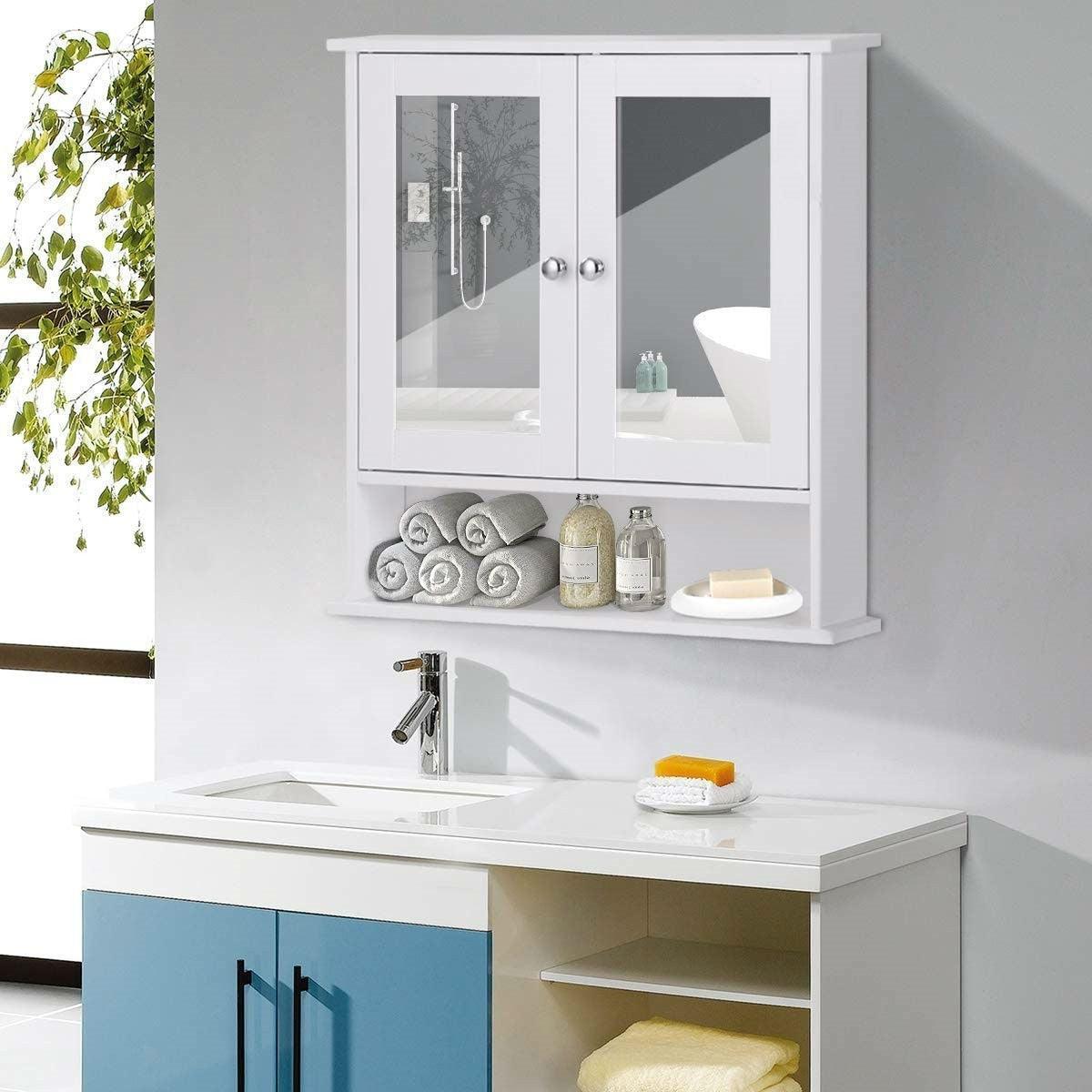 White Bathroom Wall Medicine Cabinet with Mirror and Open Shelf - PRHOMZ