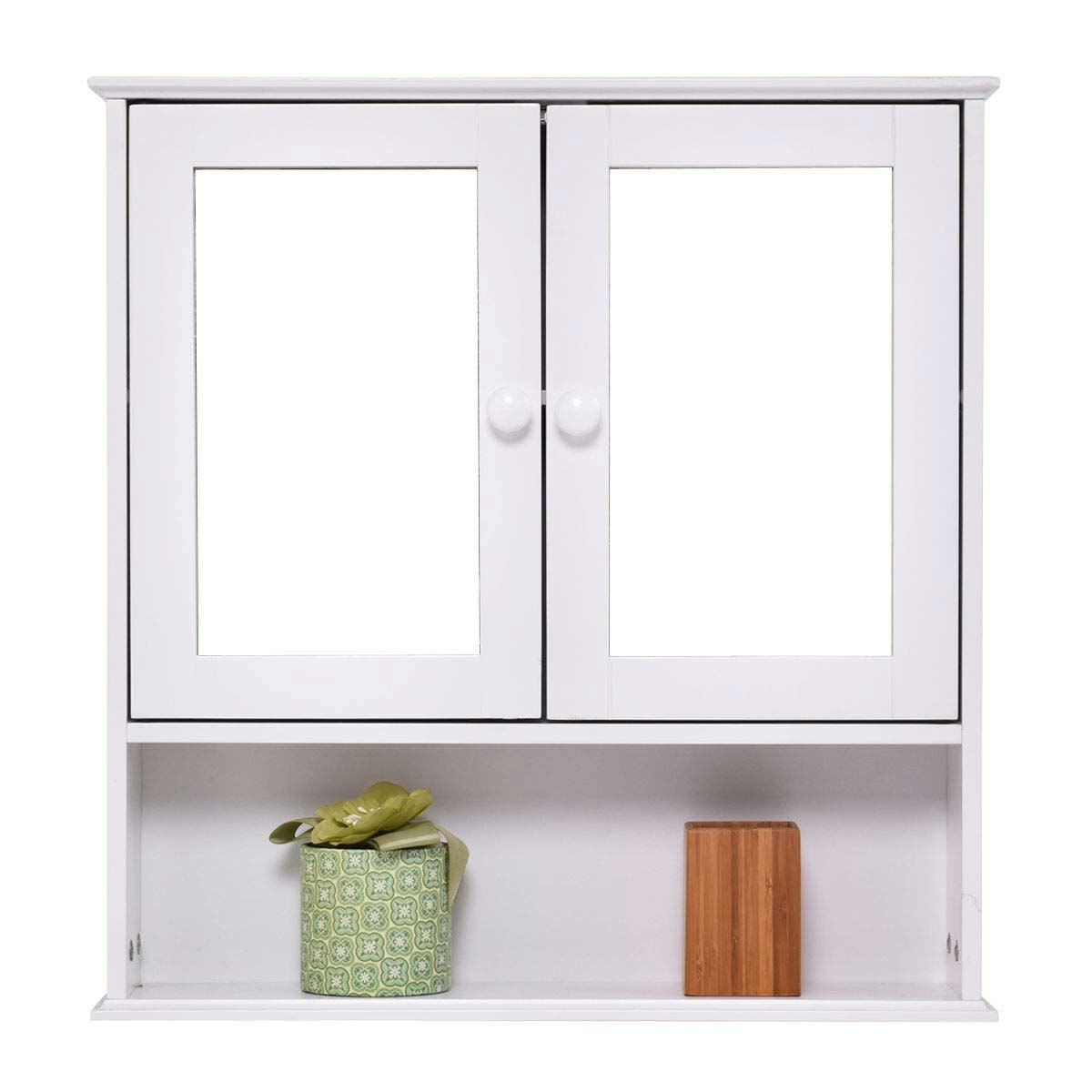 Simple Bathroom Mirror Wall Cabinet in White Wood Finish 23 x 22 inch - PRHOMZ