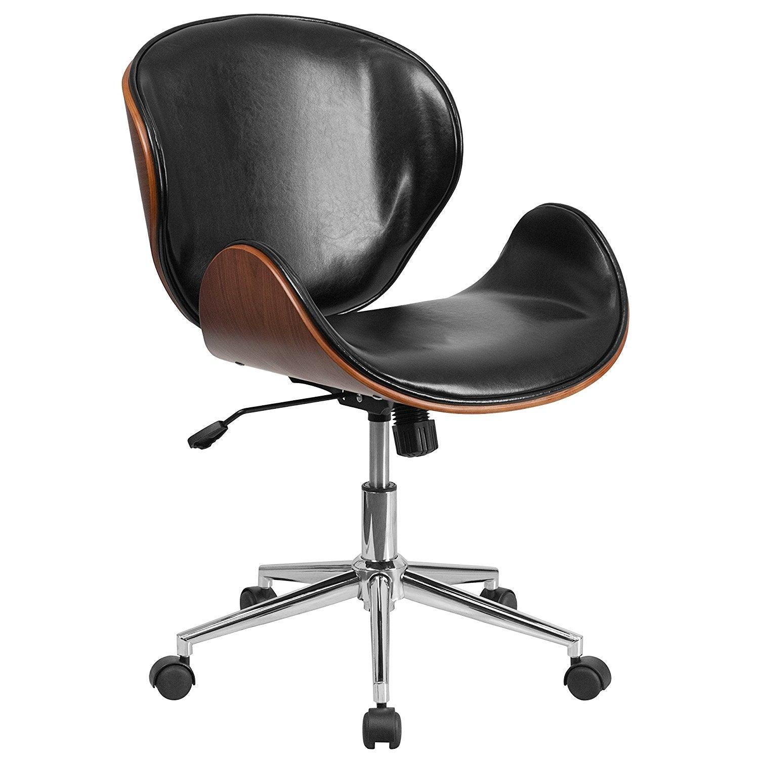 Mid-Back Walnut / Black Faux Leather Office Chair with Curved Bentwood Seat - PRHOMZ