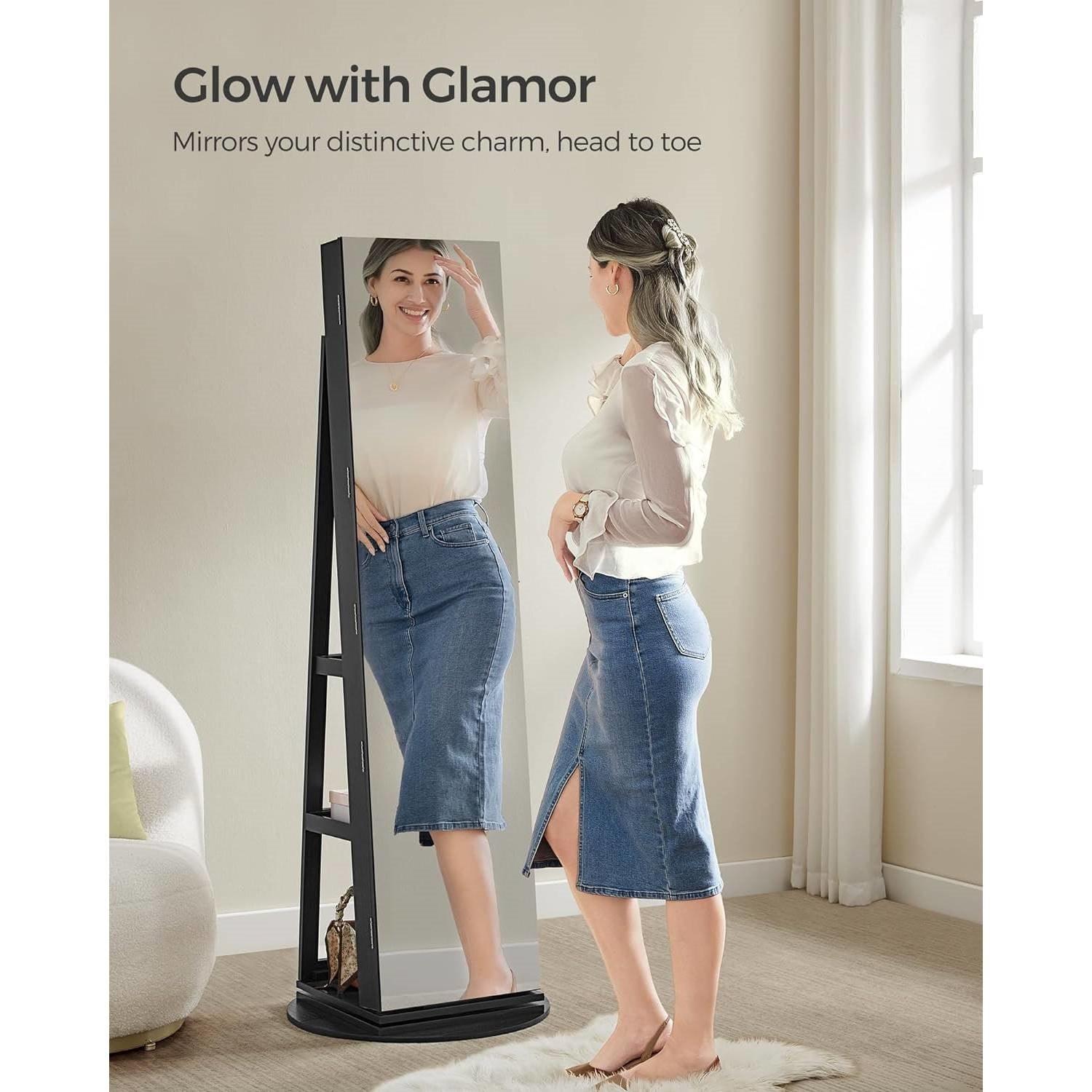 Black Wood Jewelry Cabinet Armoire Organizer Freestanding Rotating Mirror - PRHOMZ