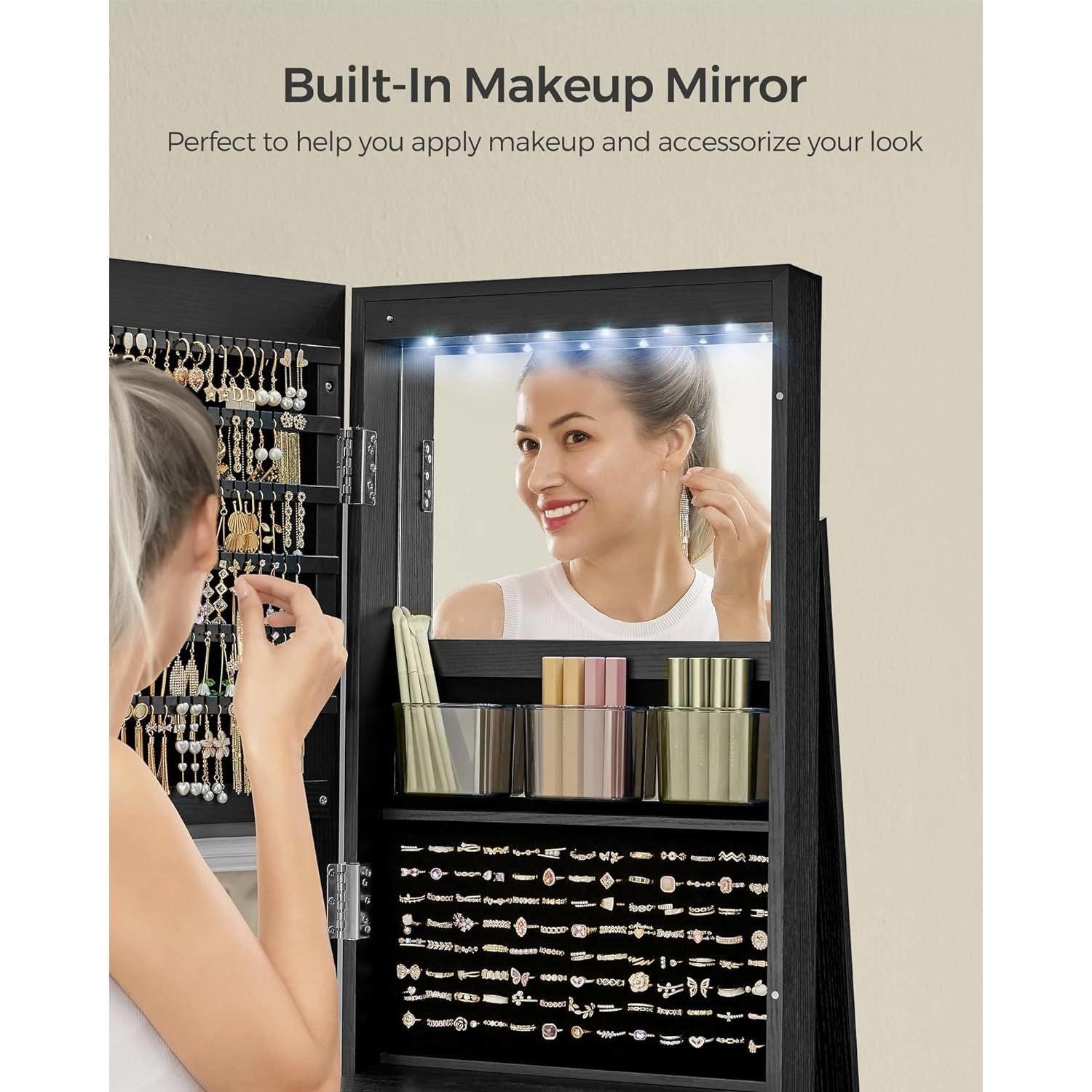 Black Wood Jewelry Cabinet Armoire Organizer Freestanding Rotating Mirror - PRHOMZ