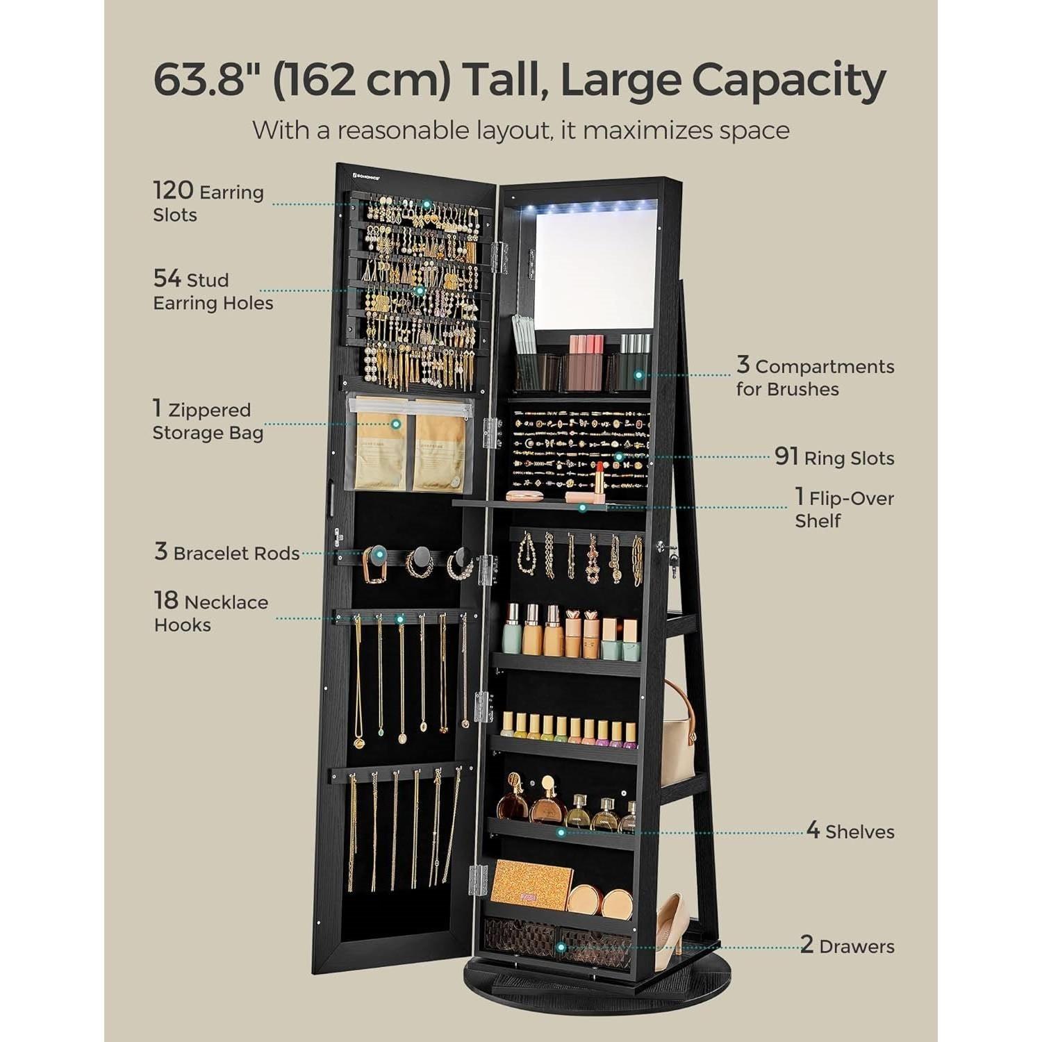 Black Wood Jewelry Cabinet Armoire Organizer Freestanding Rotating Mirror - PRHOMZ