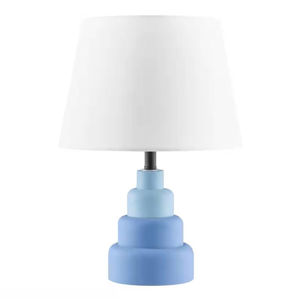 Small Blue Desk Light Table Lamp with White Fabric Shade for Bedside Nightstand - PRHOMZ