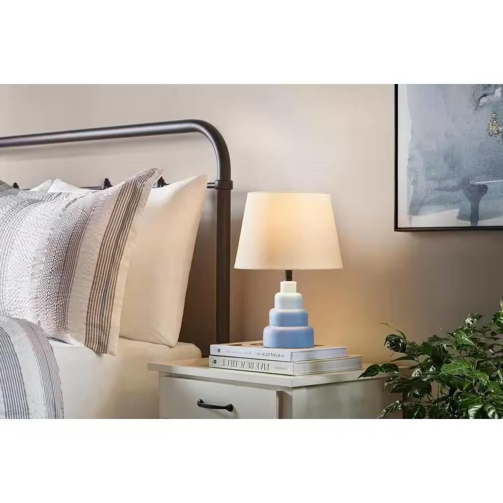 Small Blue Desk Light Table Lamp with White Fabric Shade for Bedside Nightstand - PRHOMZ