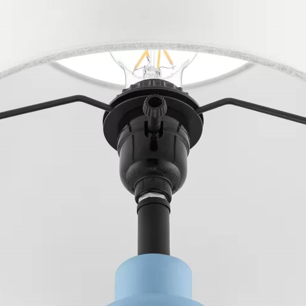 Small Blue Desk Light Table Lamp with White Fabric Shade for Bedside Nightstand - PRHOMZ