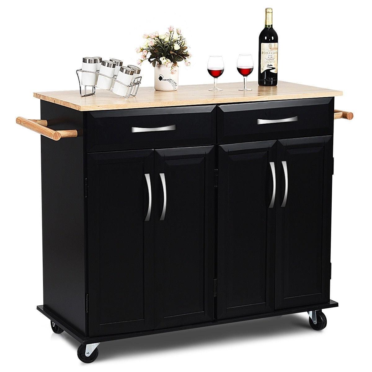 Black Kitchen Island Storage Cabinet Cart with Wood Top and Wheels - PRHOMZ