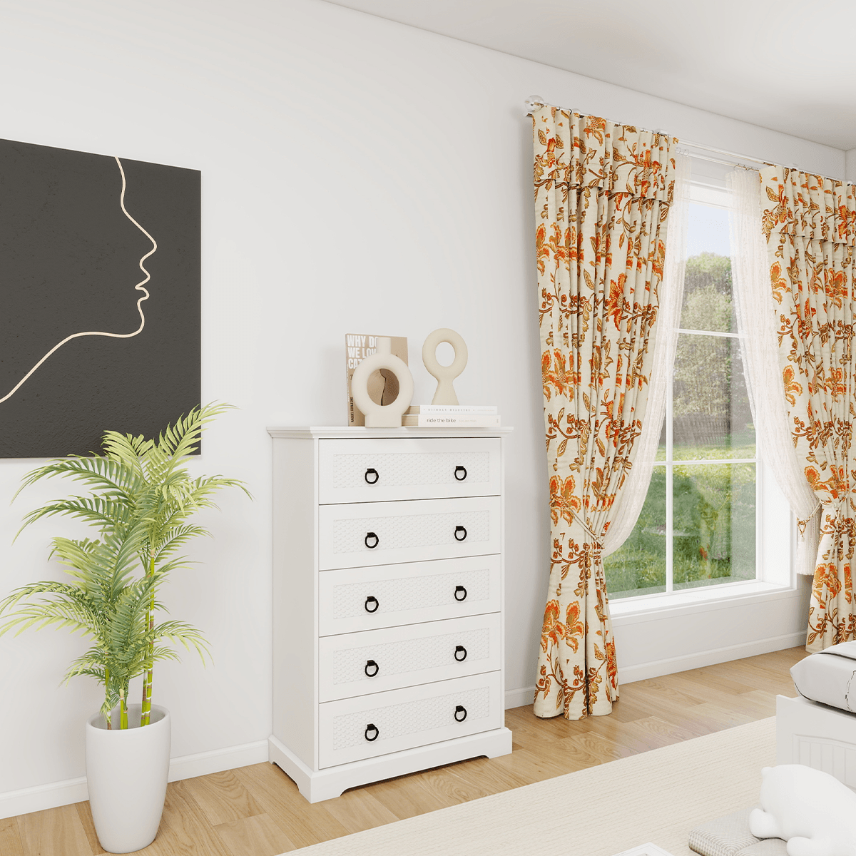 Modern 5-Drawer Dresser – 31.5" Wide Farmhouse Chest for Bedroom, Living Room, Entryway – White Tall Storage Cabinet - PRHOMZ