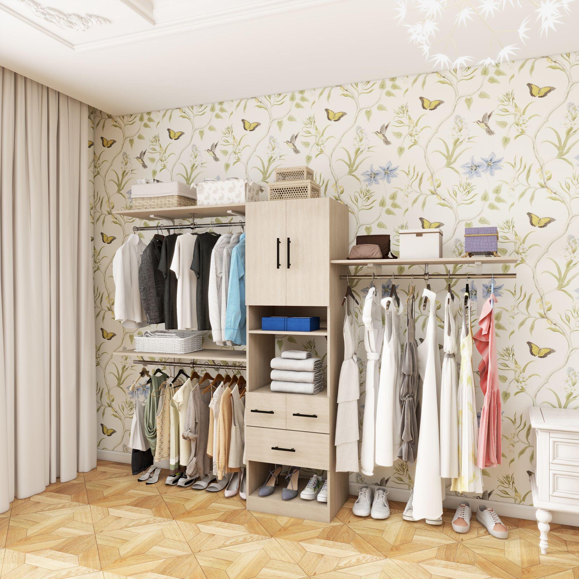 8FT White Closet Organizer System with Shelves, Towers, 3 Drawers & Hanging Rods - Built-In Oak Closet Storage Cabinet for Bedroom - PRHOMZ