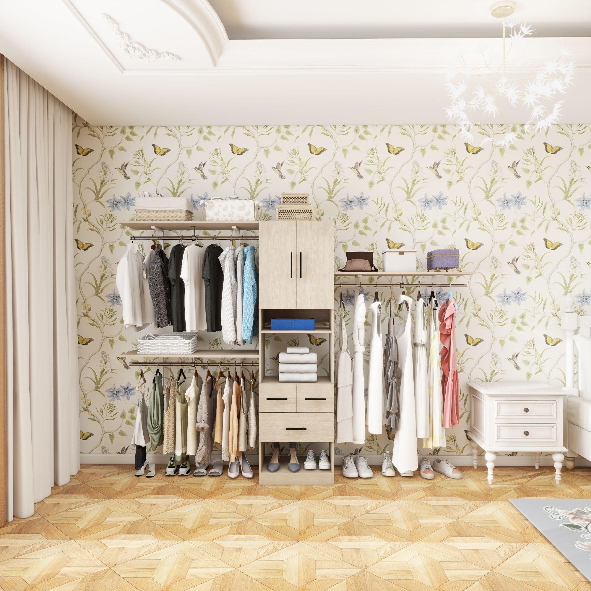 8FT Brown Built-In Closet System with 3 Drawers, 2 Doors, Shelves, Towers & Hanging Rods – Wood Organizer for Bedroom Storage - PRHOMZ