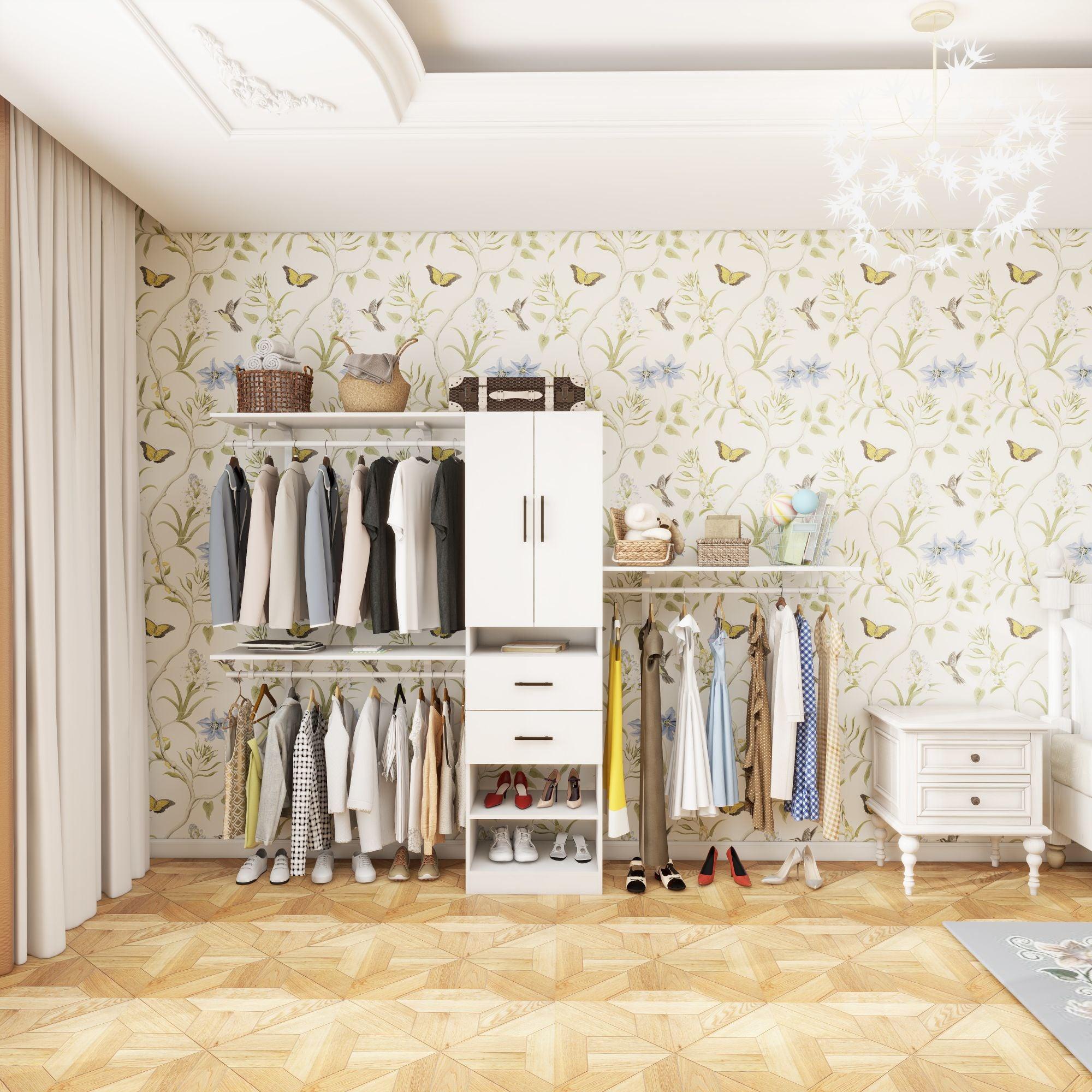 8FT Built-In Closet System with Drawers & Doors - Wall-Mounted Wood Organizer for Bedroom - PRHOMZ