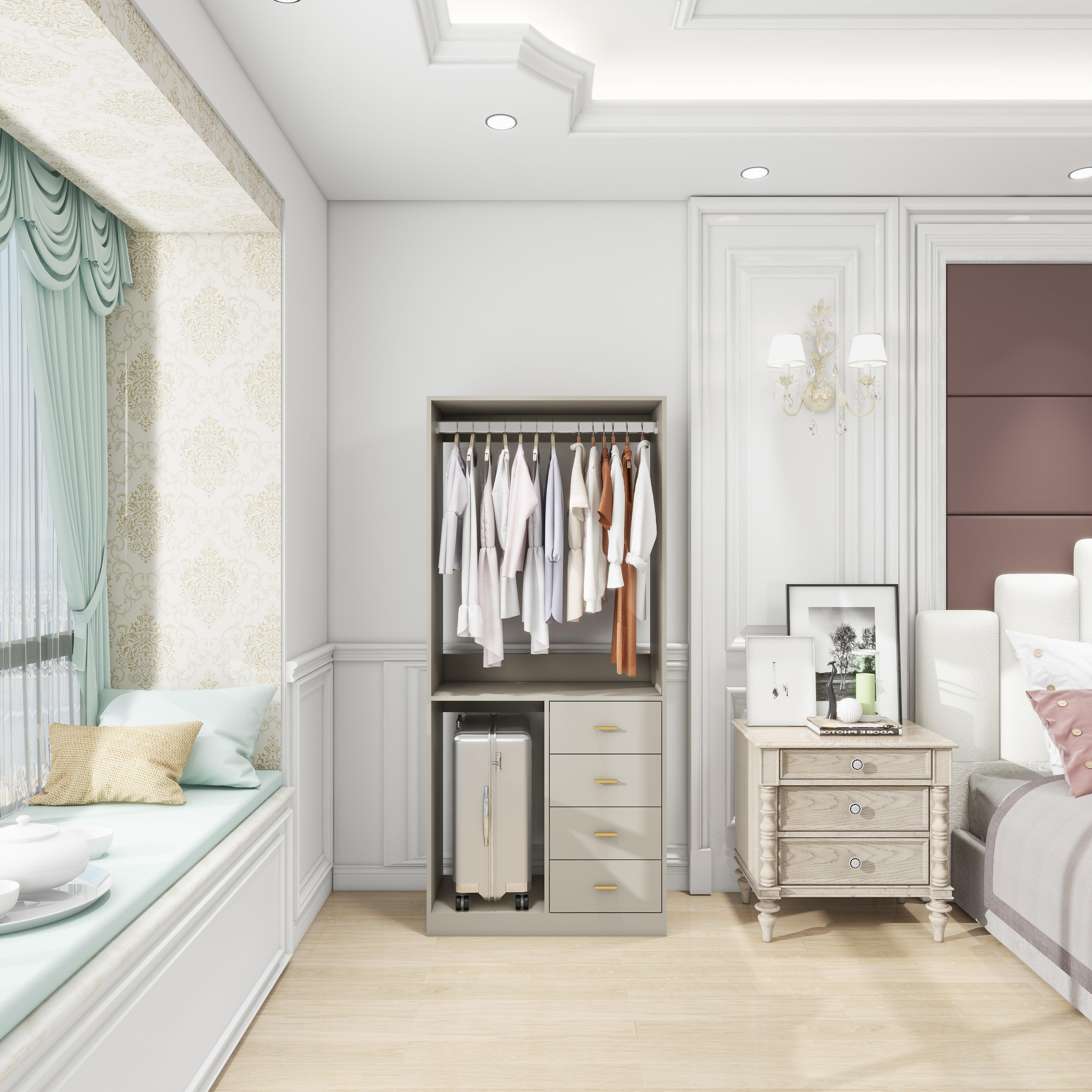 Grey Walk-In Closet System – 4-Drawer Organizer Kit with Shelves, Hanging Rod & Metal Handles - PRHOMZ