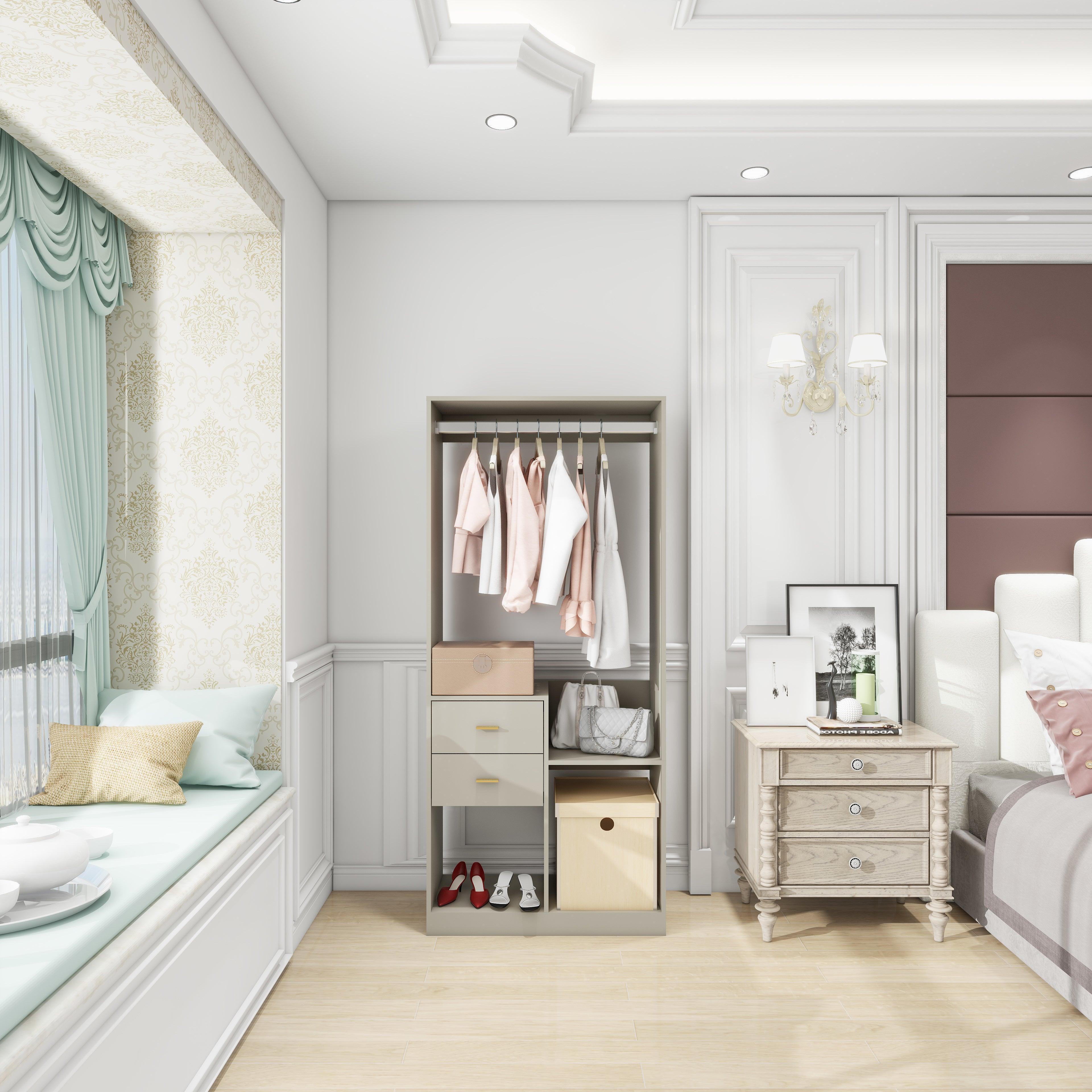 Grey Closet Organizer System – Walk-In Closet with Hanging Racks, Drawers & Shelves - PRHOMZ