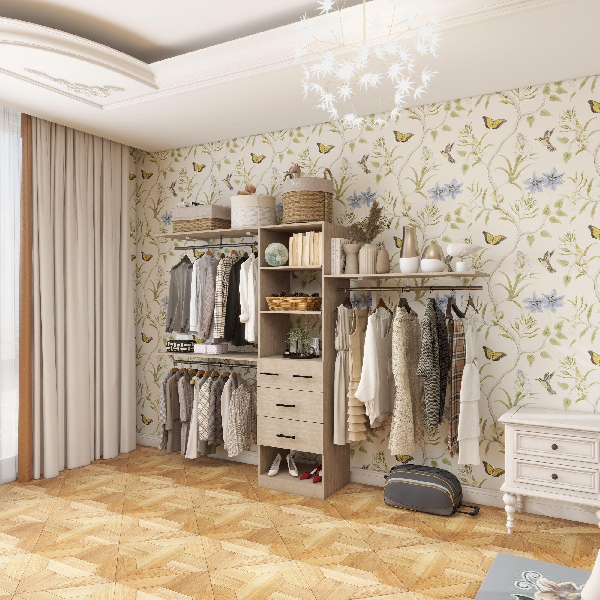 8FT Wood Closet System with Drawers & Doors - Built-In Wall-Mounted Organizer for Bedroom Clothes Storage - PRHOMZ