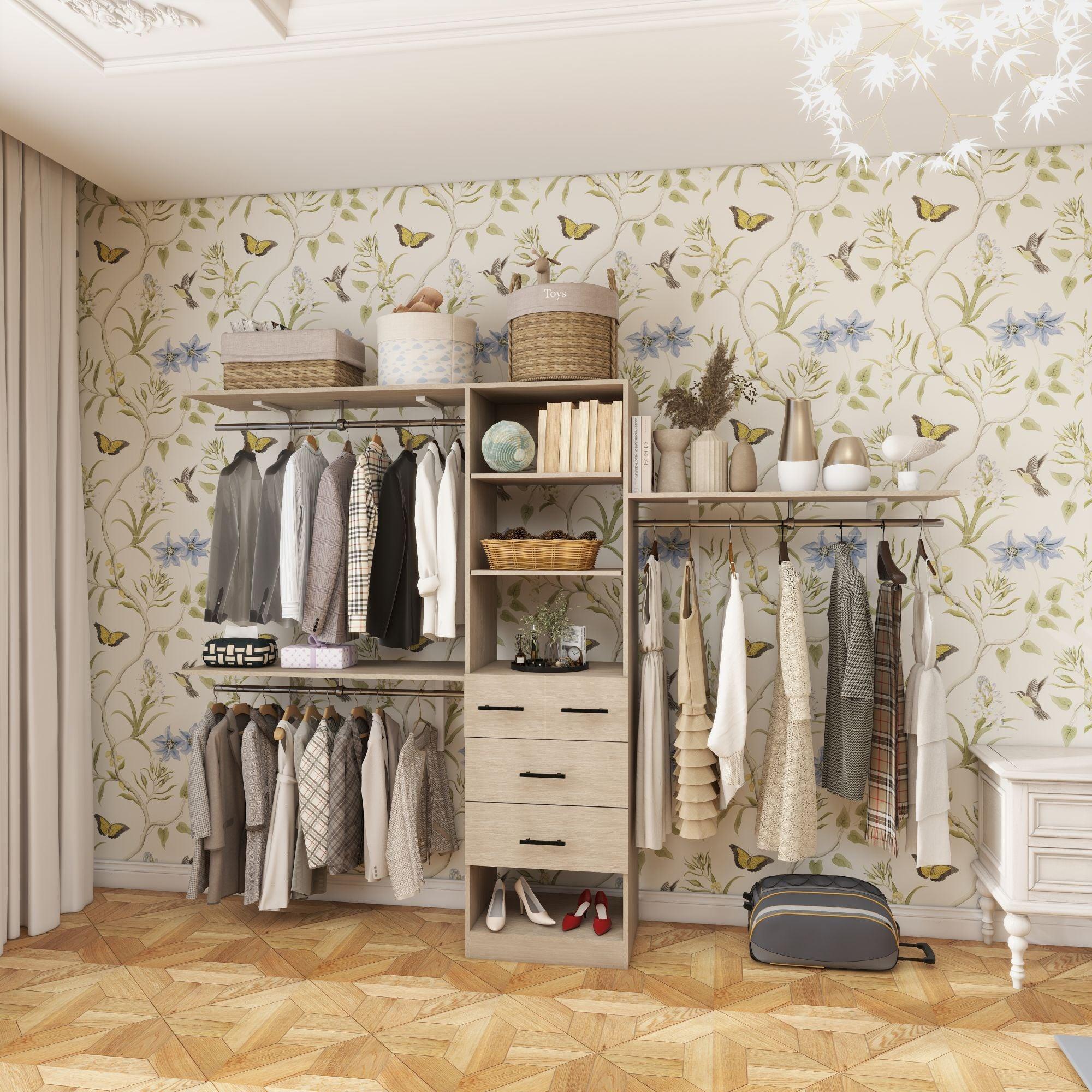 8FT Wood Closet System with Drawers & Doors - Built-In Wall-Mounted Organizer for Bedroom Clothes Storage - PRHOMZ