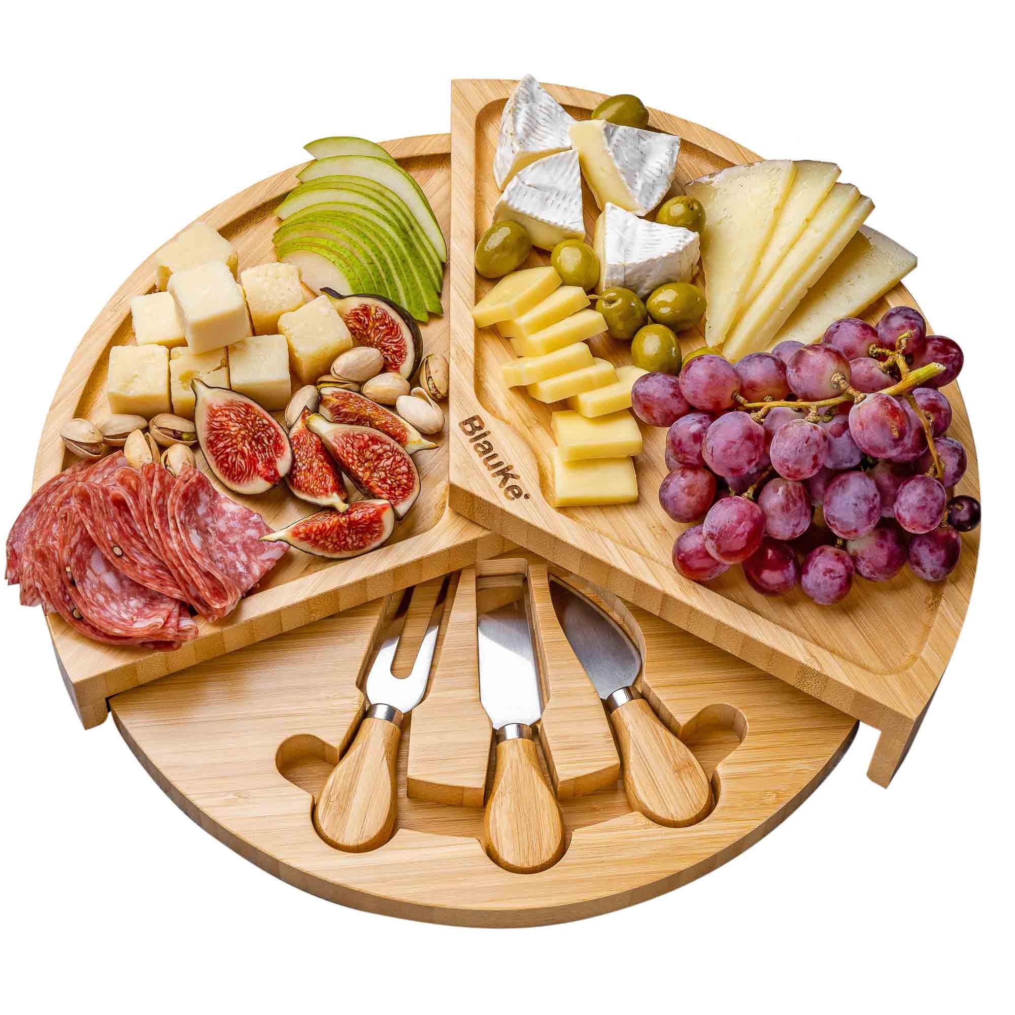 Bamboo Cheese Board and Knife Set - 14 Inch Swiveling Charcuterie Board with Slide-Out Drawer - Cheese Serving Platter, Round Serving Tray - PRHOMZ