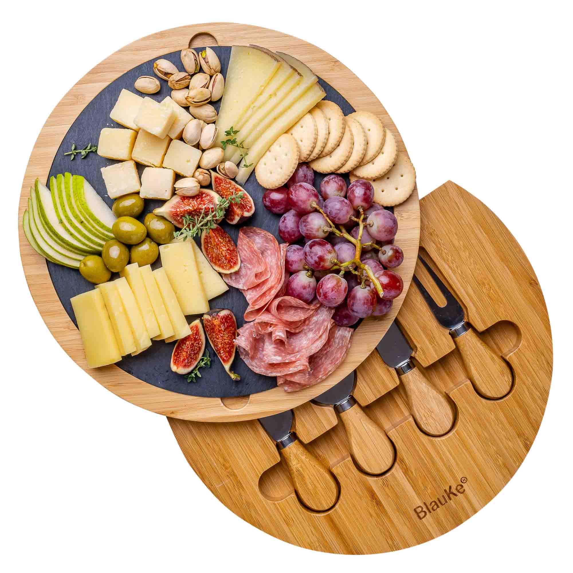 Round Bamboo Cheese Board with Knife Set and Removable Slate - 12 inch Swiveling Charcuterie Board - PRHOMZ