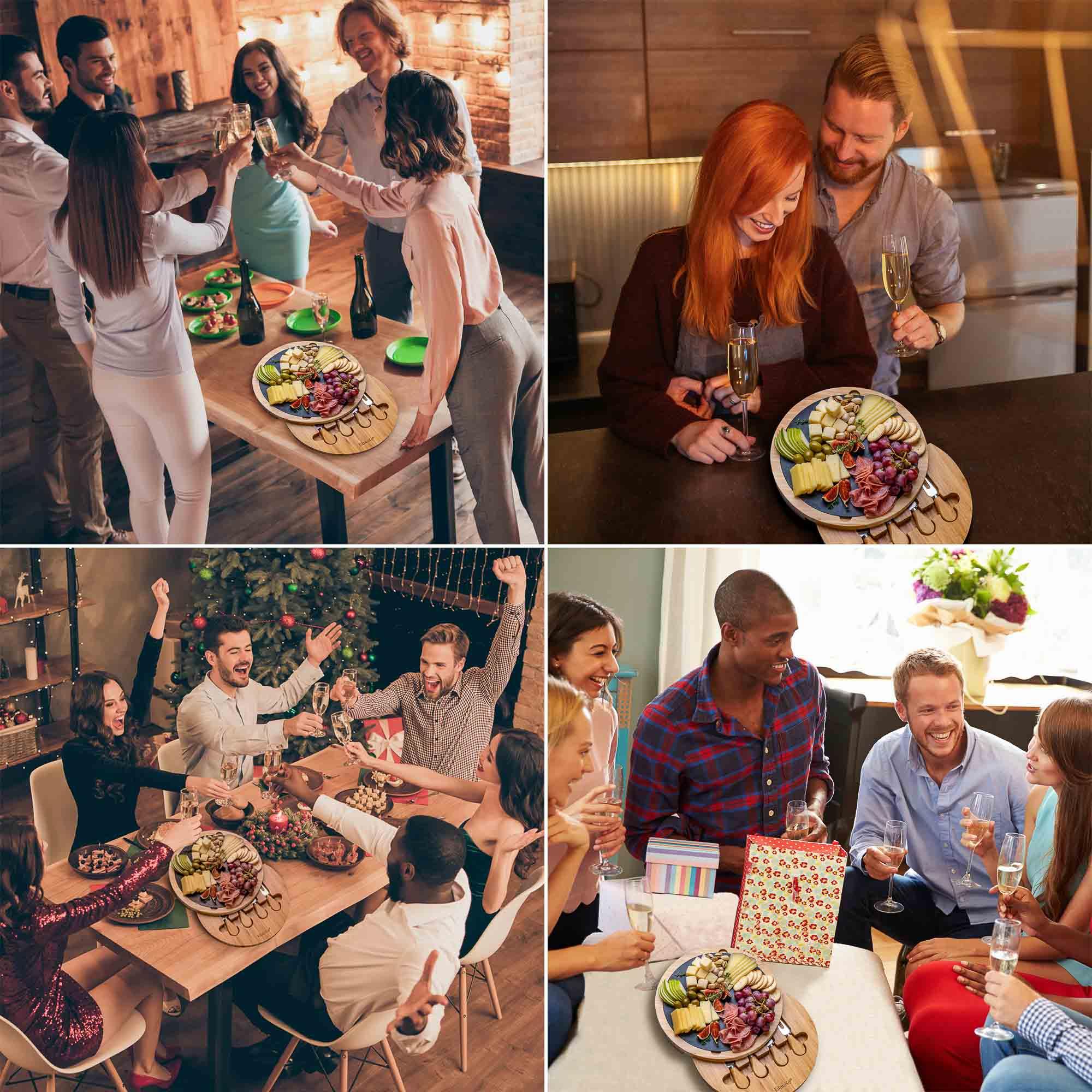 Round Bamboo Cheese Board with Knife Set and Removable Slate - 12 inch Swiveling Charcuterie Board - PRHOMZ