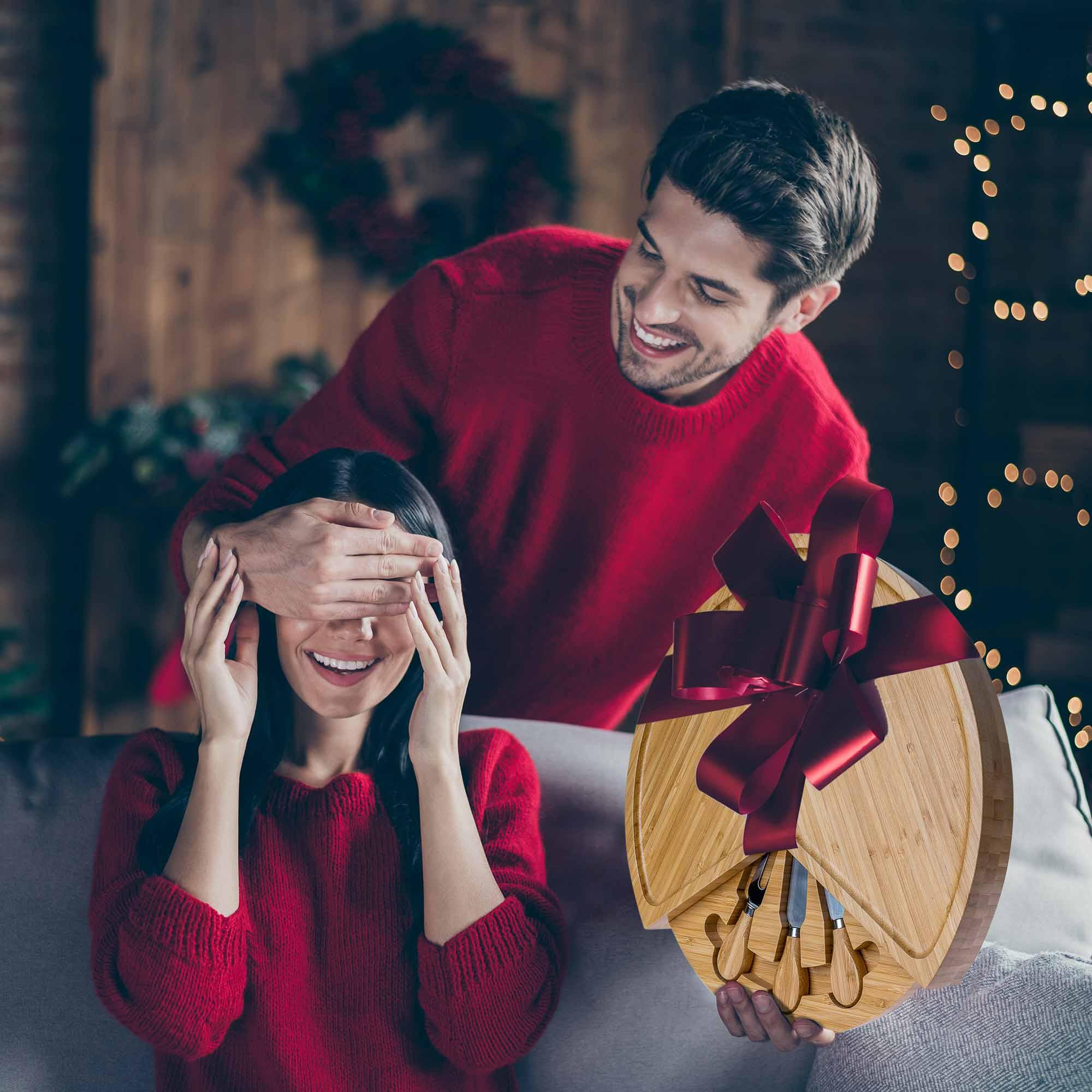 Bamboo Cheese Board and Knife Set - 14 Inch Swiveling Charcuterie Board with Slide-Out Drawer - Cheese Serving Platter, Round Serving Tray - PRHOMZ