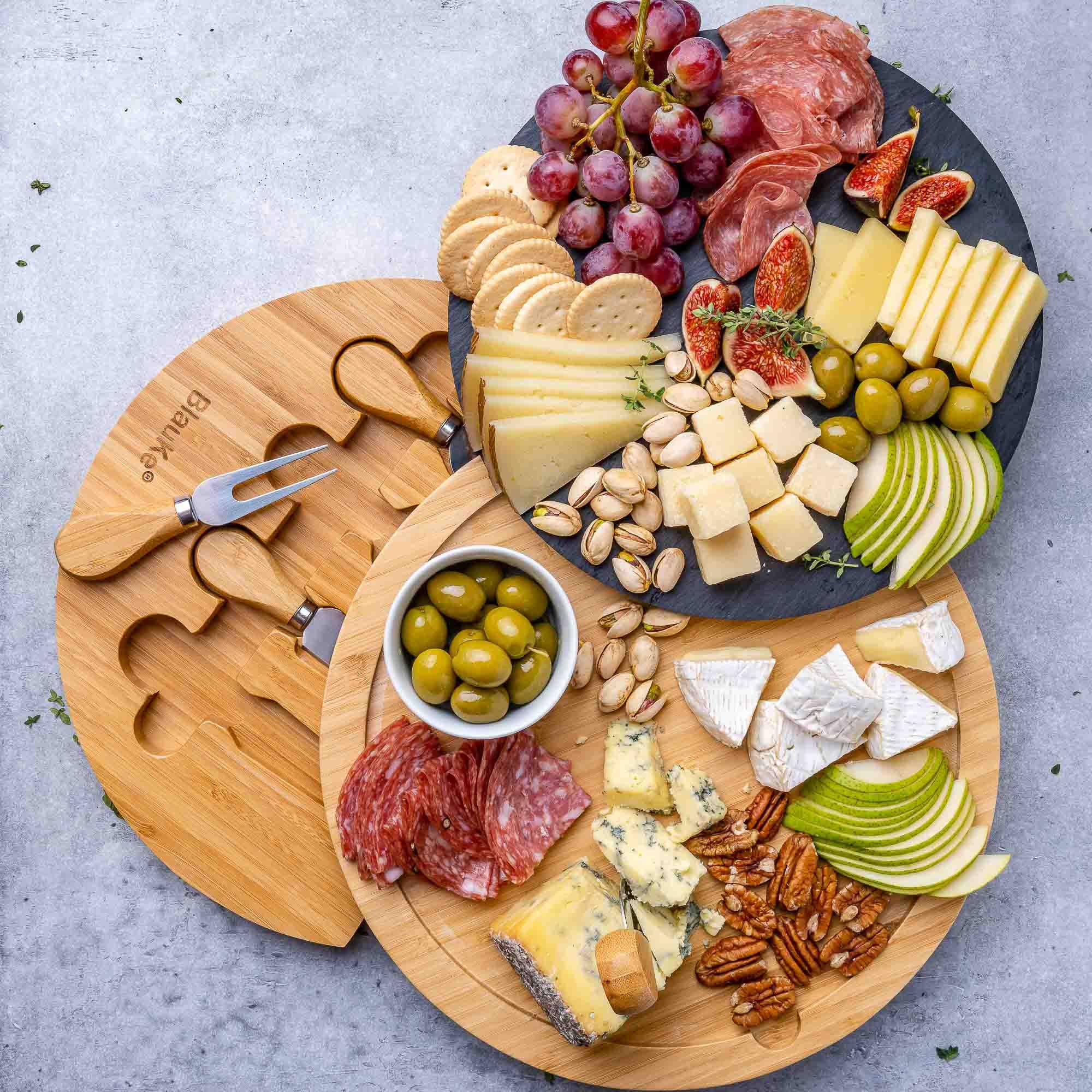 Round Bamboo Cheese Board with Knife Set and Removable Slate - 12 inch Swiveling Charcuterie Board - PRHOMZ
