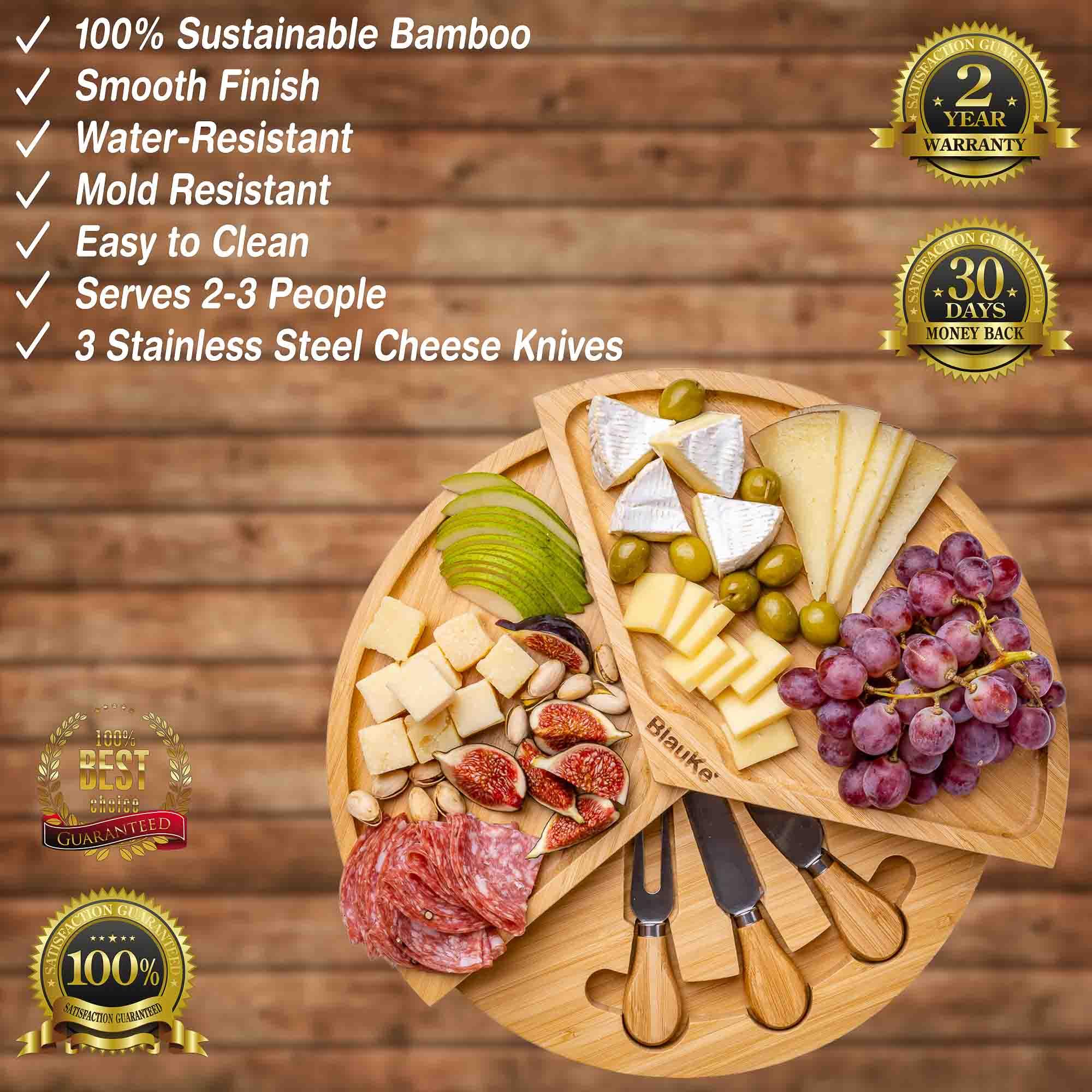 Bamboo Cheese Board and Knife Set - 14 Inch Swiveling Charcuterie Board with Slide-Out Drawer - Cheese Serving Platter, Round Serving Tray - PRHOMZ