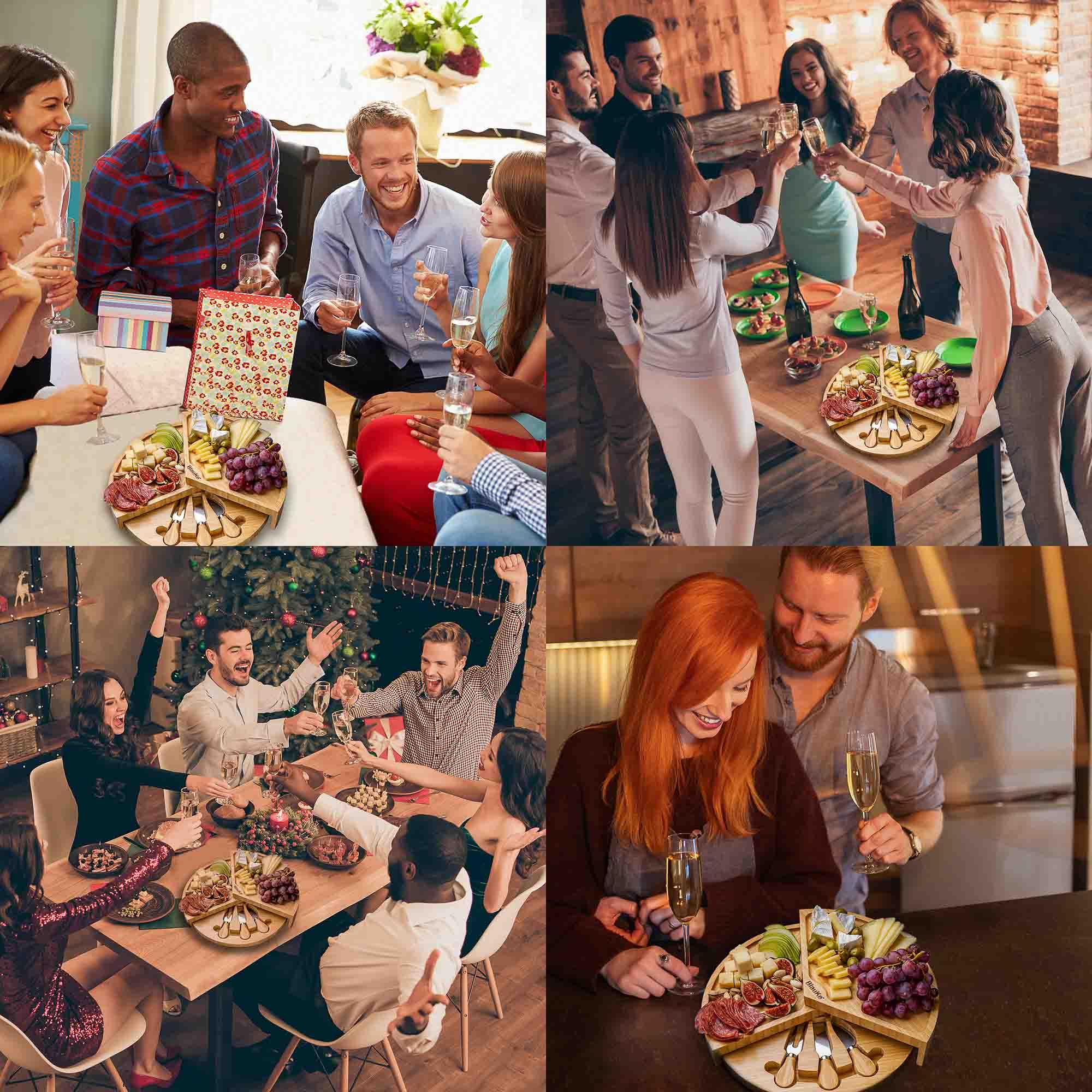 Bamboo Cheese Board and Knife Set - 14 Inch Swiveling Charcuterie Board with Slide-Out Drawer - Cheese Serving Platter, Round Serving Tray - PRHOMZ