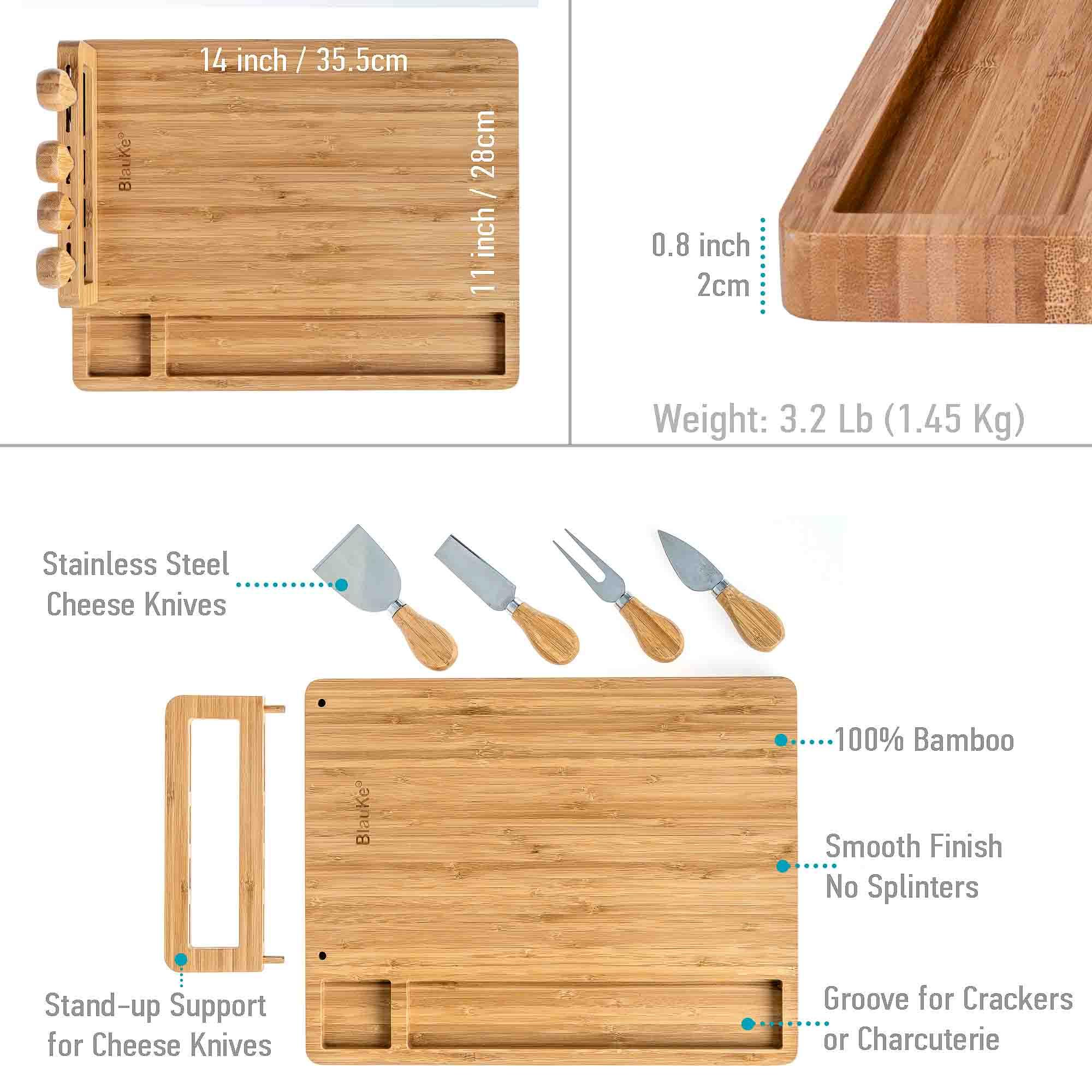 Bamboo Cheese Board and Knife Set - 14x11 inch Charcuterie Board with 4 Cheese Knives - Wood Serving Tray - PRHOMZ