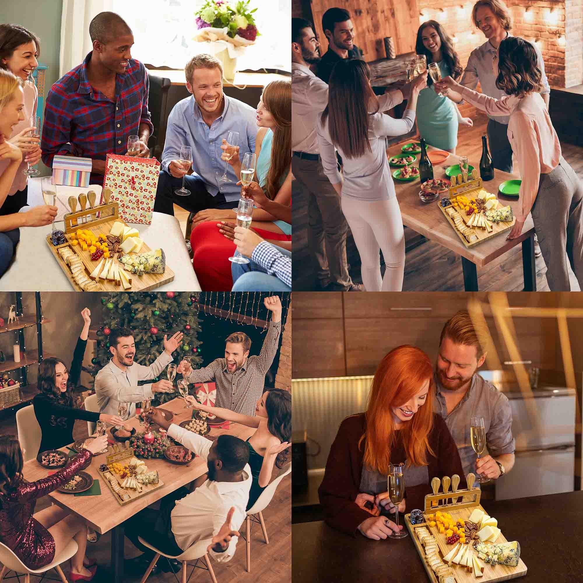 Bamboo Cheese Board and Knife Set - 14x11 inch Charcuterie Board with 4 Cheese Knives - Wood Serving Tray - PRHOMZ