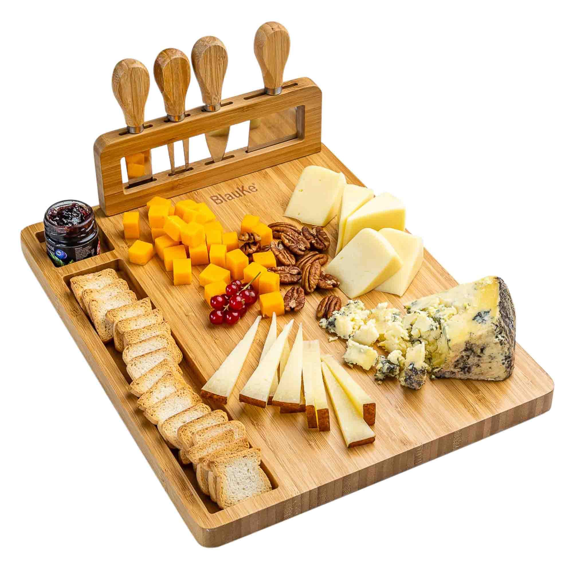 Bamboo Cheese Board and Knife Set - 14x11 inch Charcuterie Board with 4 Cheese Knives - Wood Serving Tray - PRHOMZ
