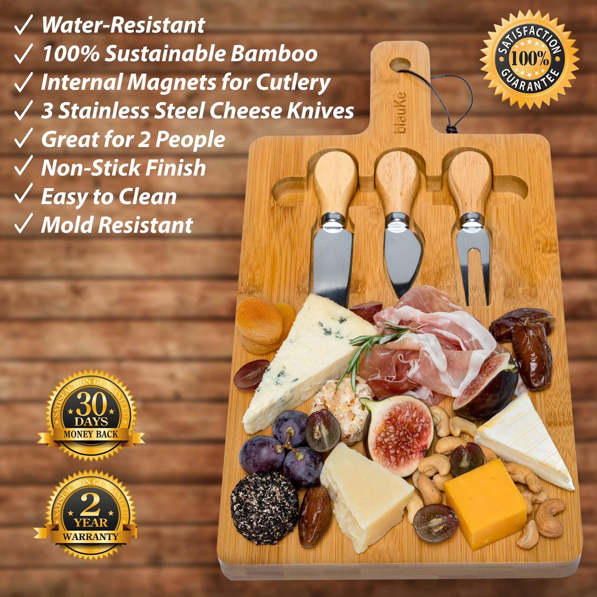 Bamboo Cheese Board and Knife Set - 12x8 inch Charcuterie Board with Magnetic Cutlery Storage - Wood Serving Tray with Handle - PRHOMZ
