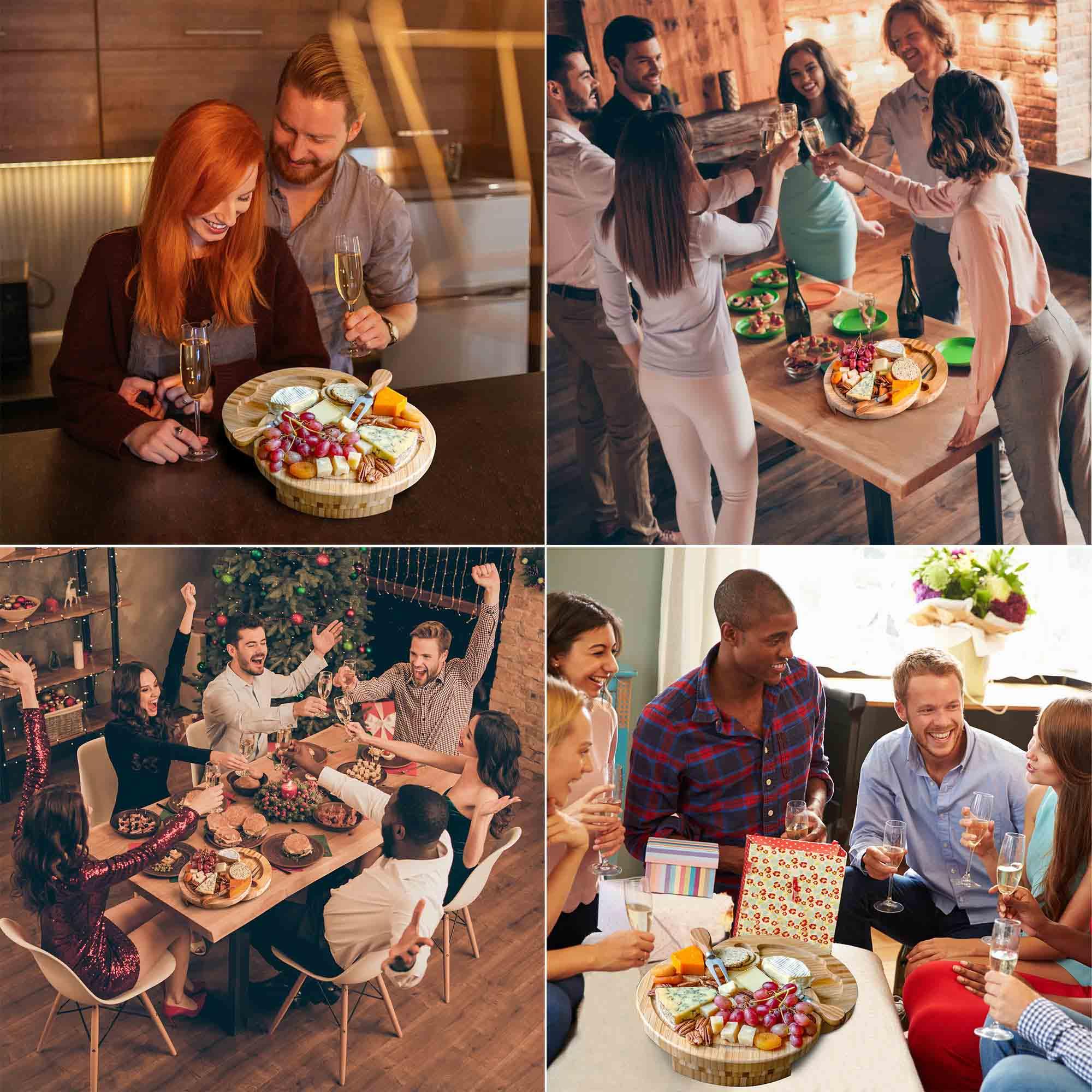 Bamboo Cheese Board and Knife Set - 10 Inch Swiveling Charcuterie Board with Slide-Out Drawer - PRHOMZ