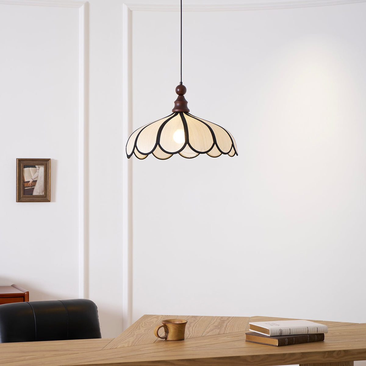 Petalux | Scalloped Pendant Light with Abaca Shade | Walnut Wood Fixture for Dining Room
