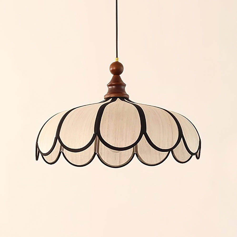 Petalux | Scalloped Pendant Light with Abaca Shade | Walnut Wood Fixture for Dining Room