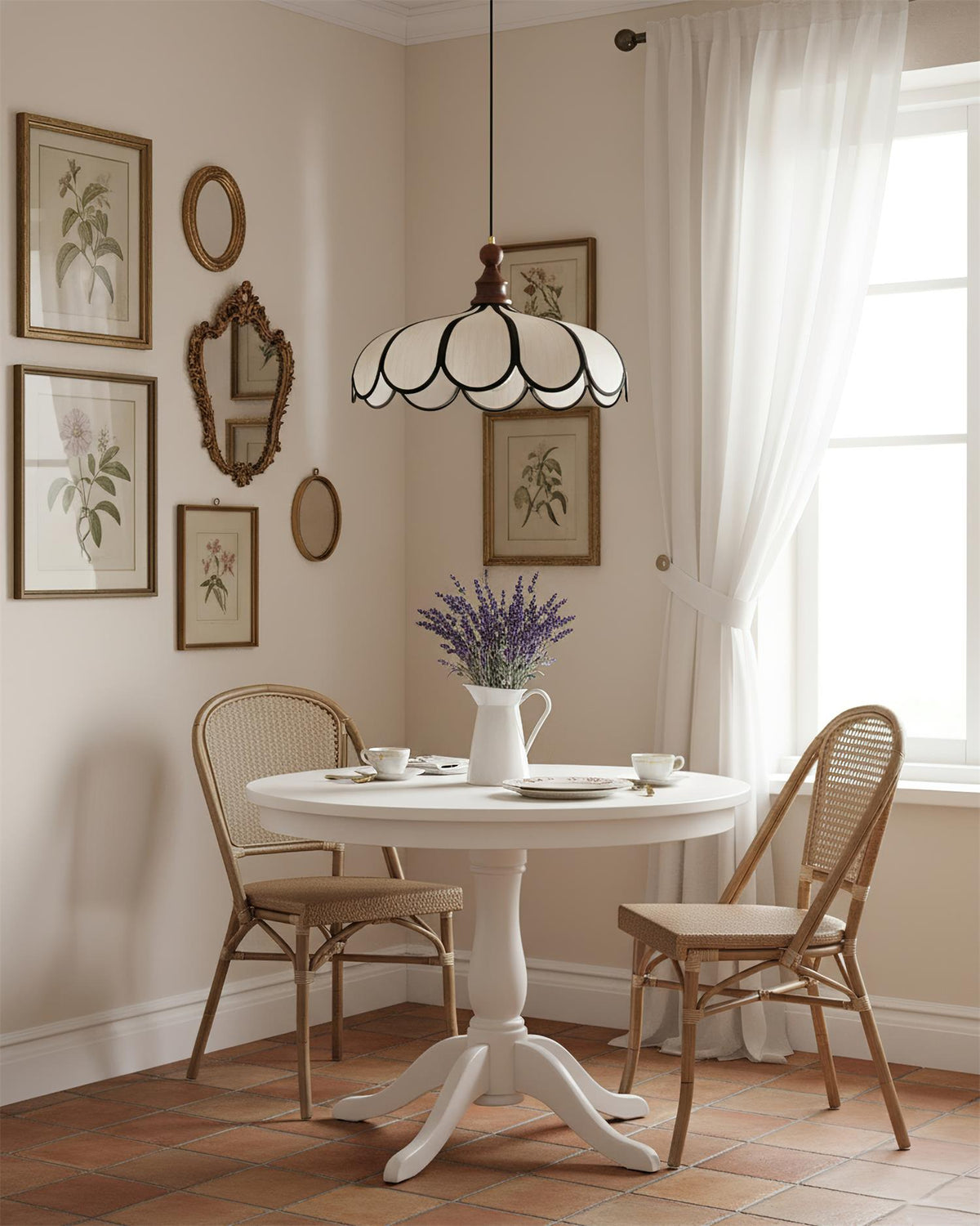 Petalux | Scalloped Pendant Light with Abaca Shade | Walnut Wood Fixture for Dining Room