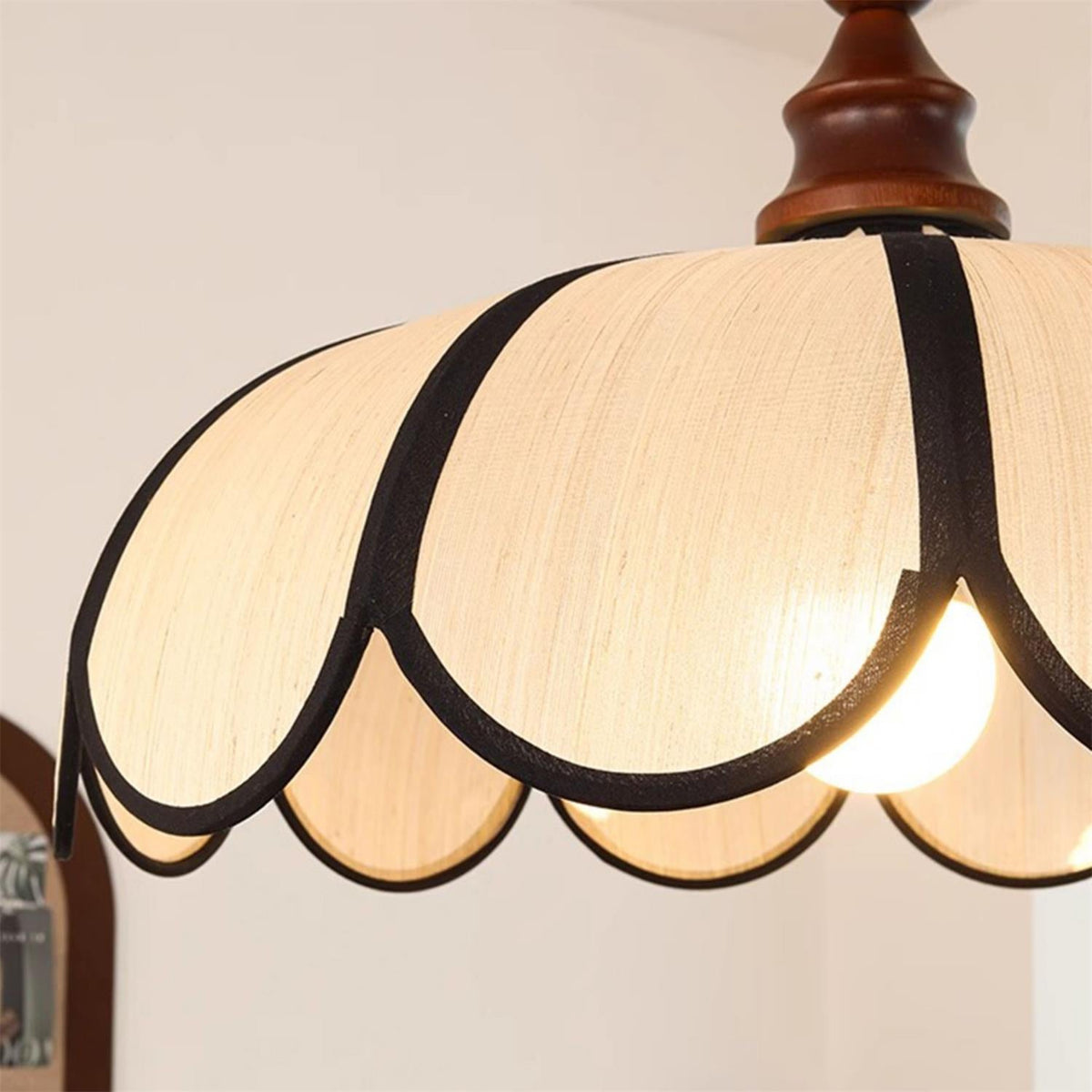 Petalux | Scalloped Pendant Light with Abaca Shade | Walnut Wood Fixture for Dining Room