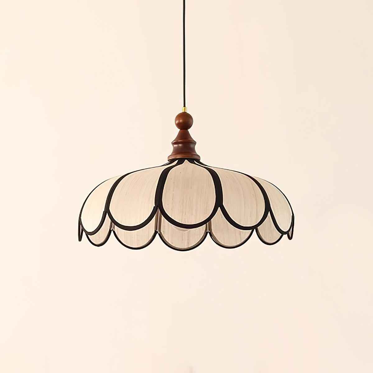 Petalux | Scalloped Pendant Light with Abaca Shade | Walnut Wood Fixture for Dining Room