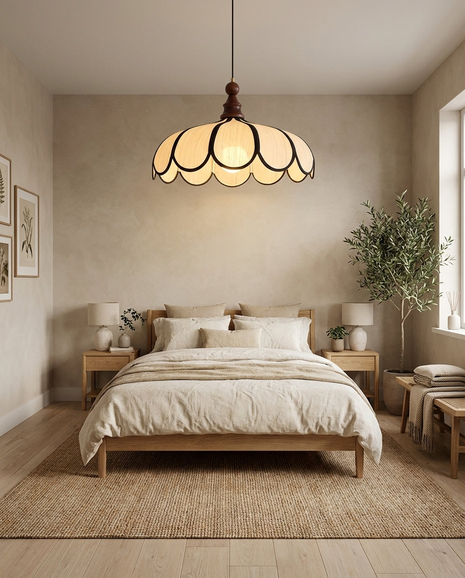 Petalux | Scalloped Pendant Light with Abaca Shade | Walnut Wood Fixture for Dining Room
