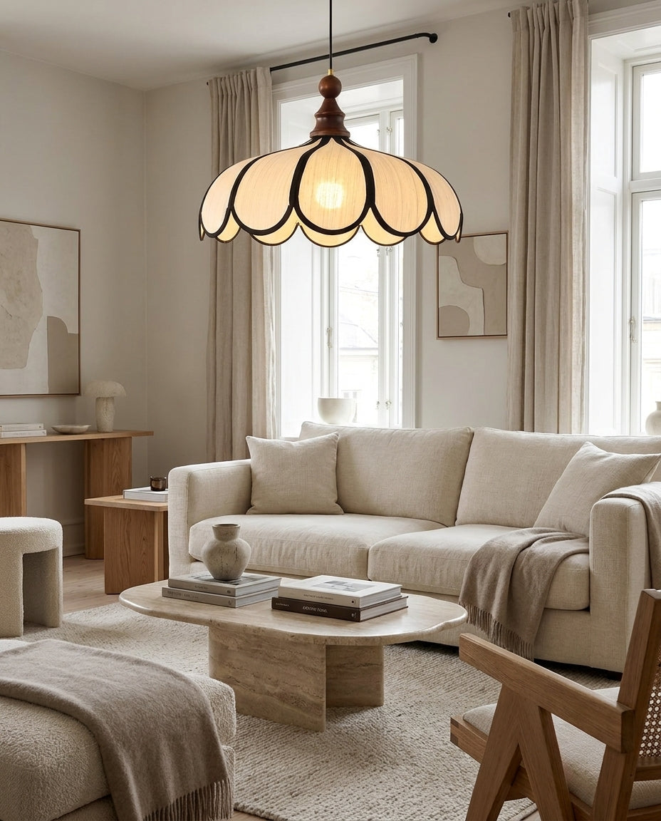 Petalux | Scalloped Pendant Light with Abaca Shade | Walnut Wood Fixture for Dining Room