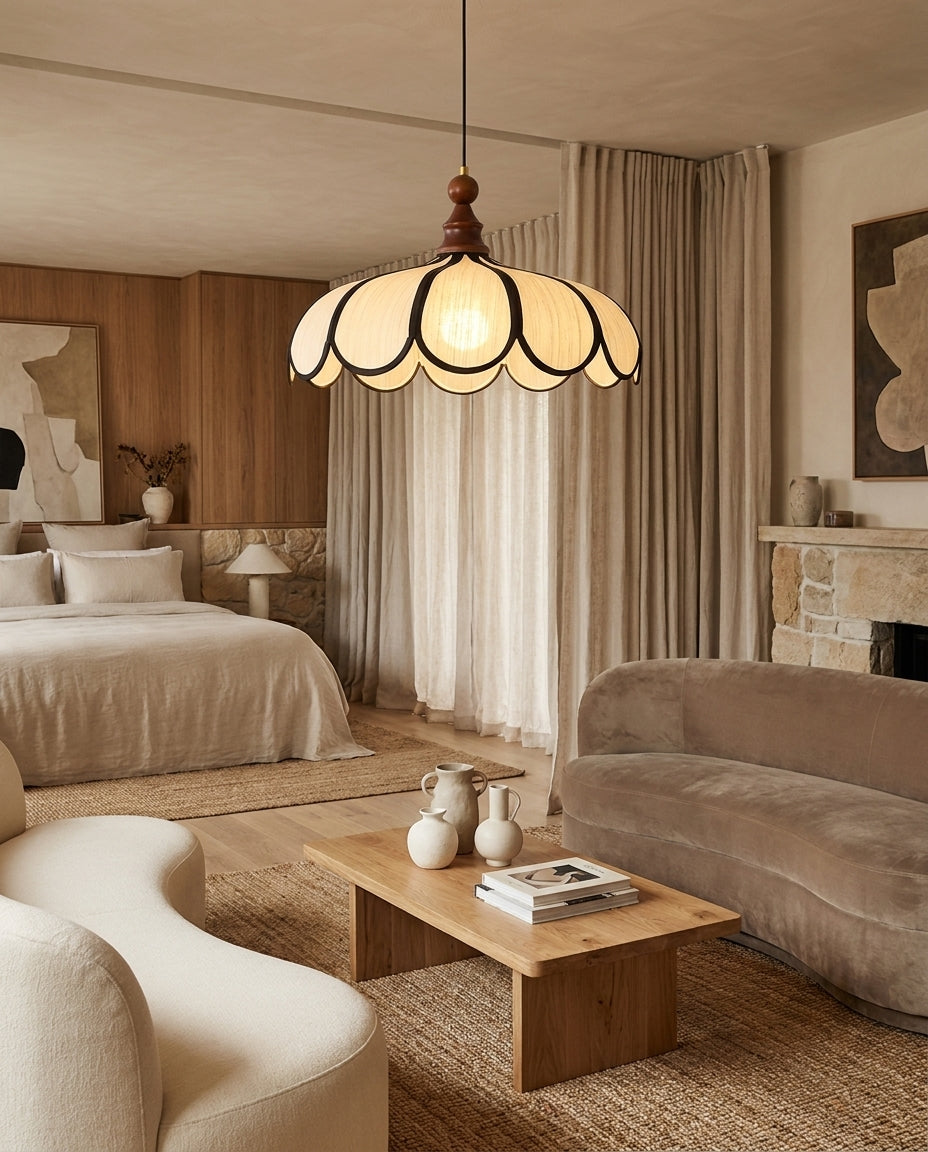 Petalux | Scalloped Pendant Light with Abaca Shade | Walnut Wood Fixture for Dining Room