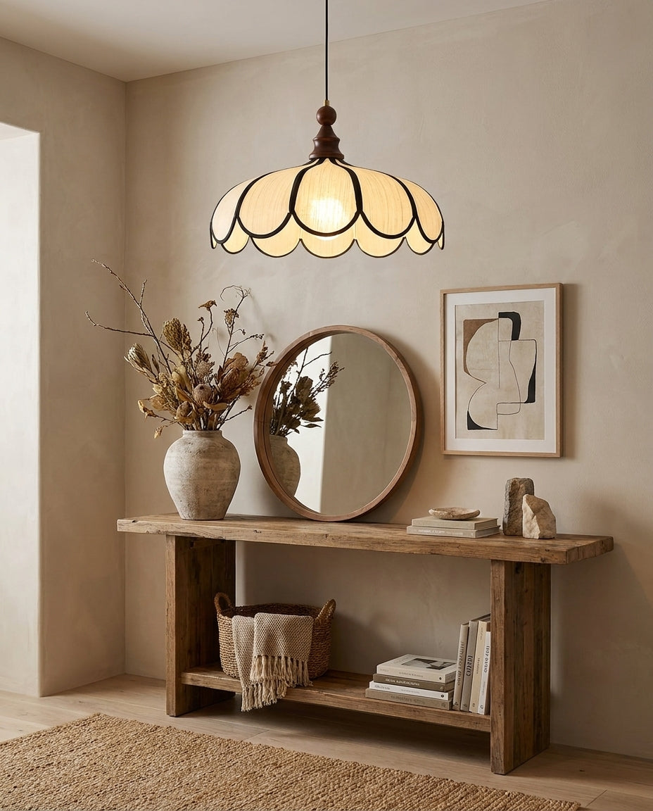 Petalux | Scalloped Pendant Light with Abaca Shade | Walnut Wood Fixture for Dining Room
