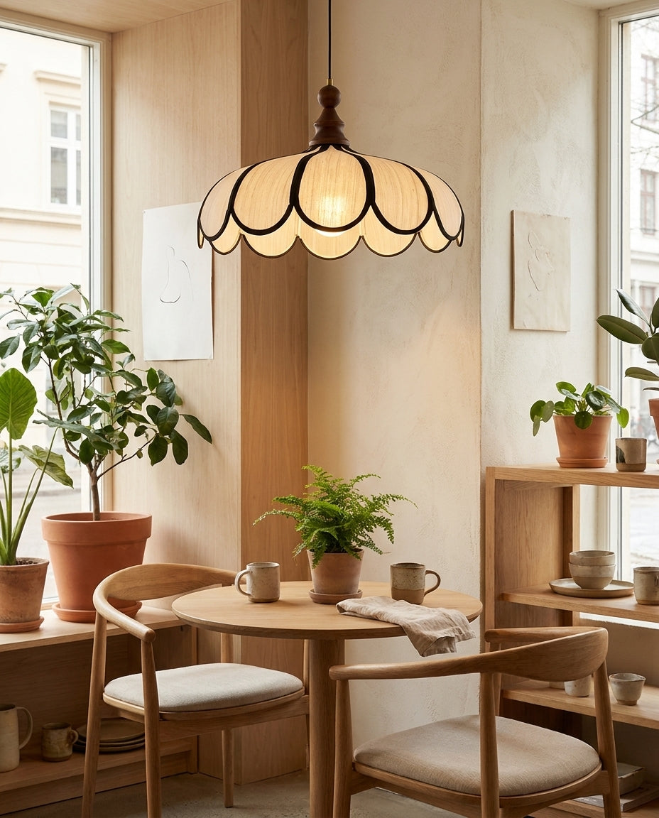 Petalux | Scalloped Pendant Light with Abaca Shade | Walnut Wood Fixture for Dining Room