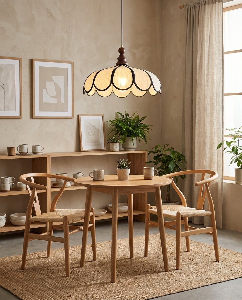 Petalux | Scalloped Pendant Light with Abaca Shade | Walnut Wood Fixture for Dining Room