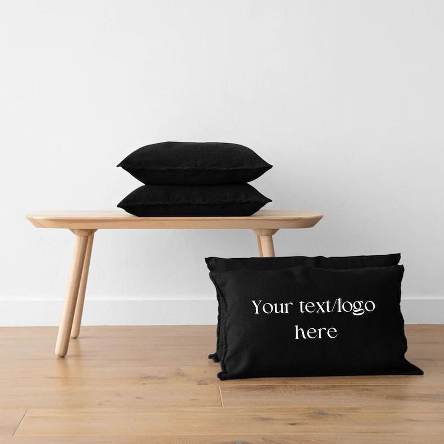 Black - Set of 2 | Personalised Embroidered Raw/Frayed Edged Pillow/Cushion Covers (Covers only) in Pure Linen | Super Soft | Pre-washed - PRHOMZ