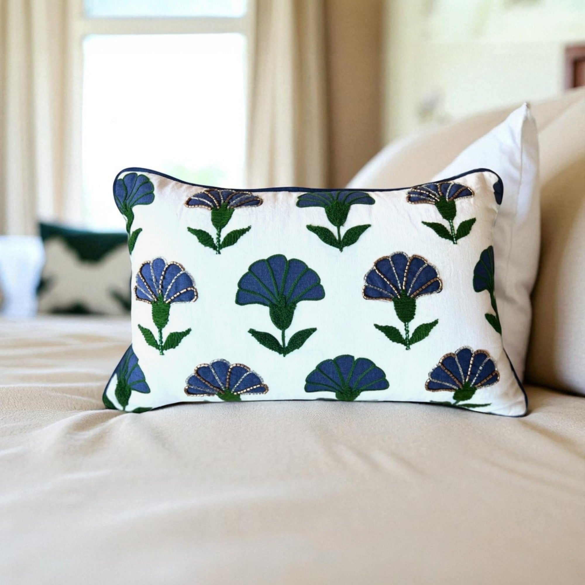 Embroidered Floral Blue Boho Accent Throw Pillow